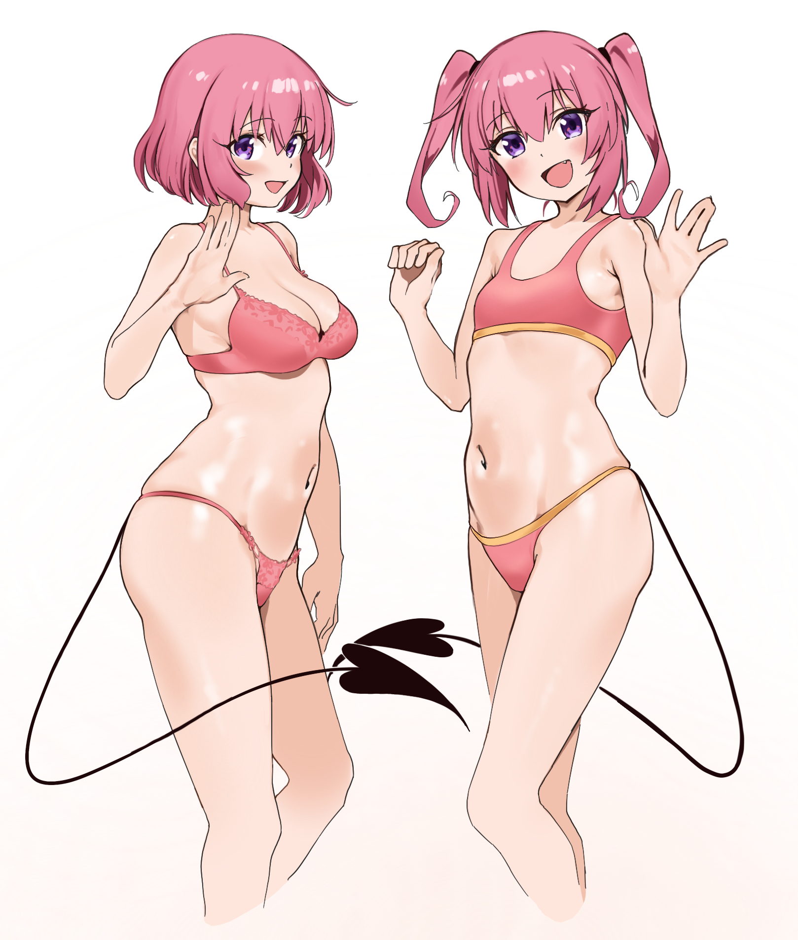 salmongrapefish, momo velia deviluke, nana asta deviluke, to love-ru, to love-ru darkness, highres, 2girls, armpits, ass, bare shoulders, bra, breasts, contrapposto, hand up, looking at viewer, medium breasts, multiple girls, navel, open mouth, panties, partially undressed, pink hair, purple eyes, simple background, small breasts, tail, twintails, underwear, upper body, white background