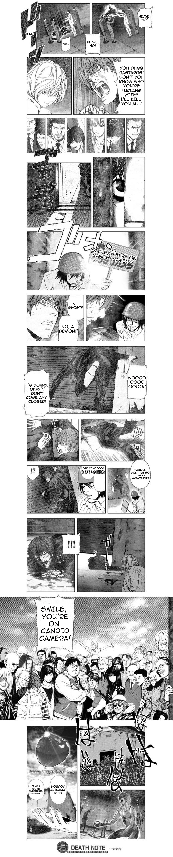 l (death note), near (death note), yagami light, death note, absurdres, hard-translated, highres, long image, tall image, third-party edit, translated, 00s, 6+boys, 6+girls, comic, english text, everyone, good end, greyscale, monochrome, multiple boys, multiple girls