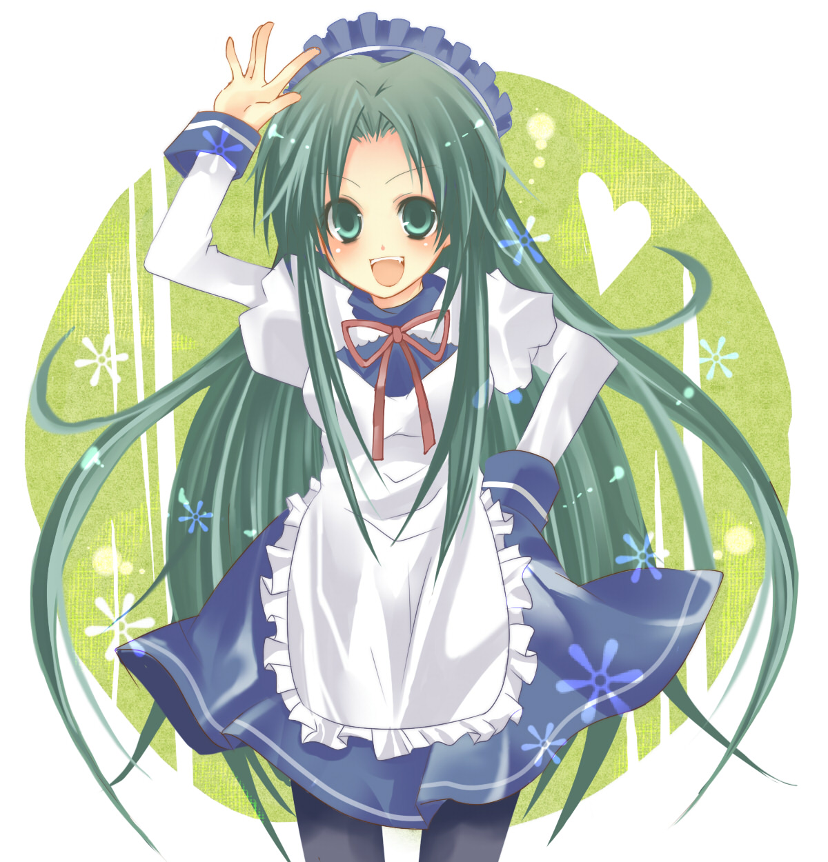 sp ng ny, tsuruya, suzumiya haruhi no yuuutsu, bad id, bad pixiv id, highres, 00s, fang, green hair, long hair, maid, pantyhose, solo, very long hair