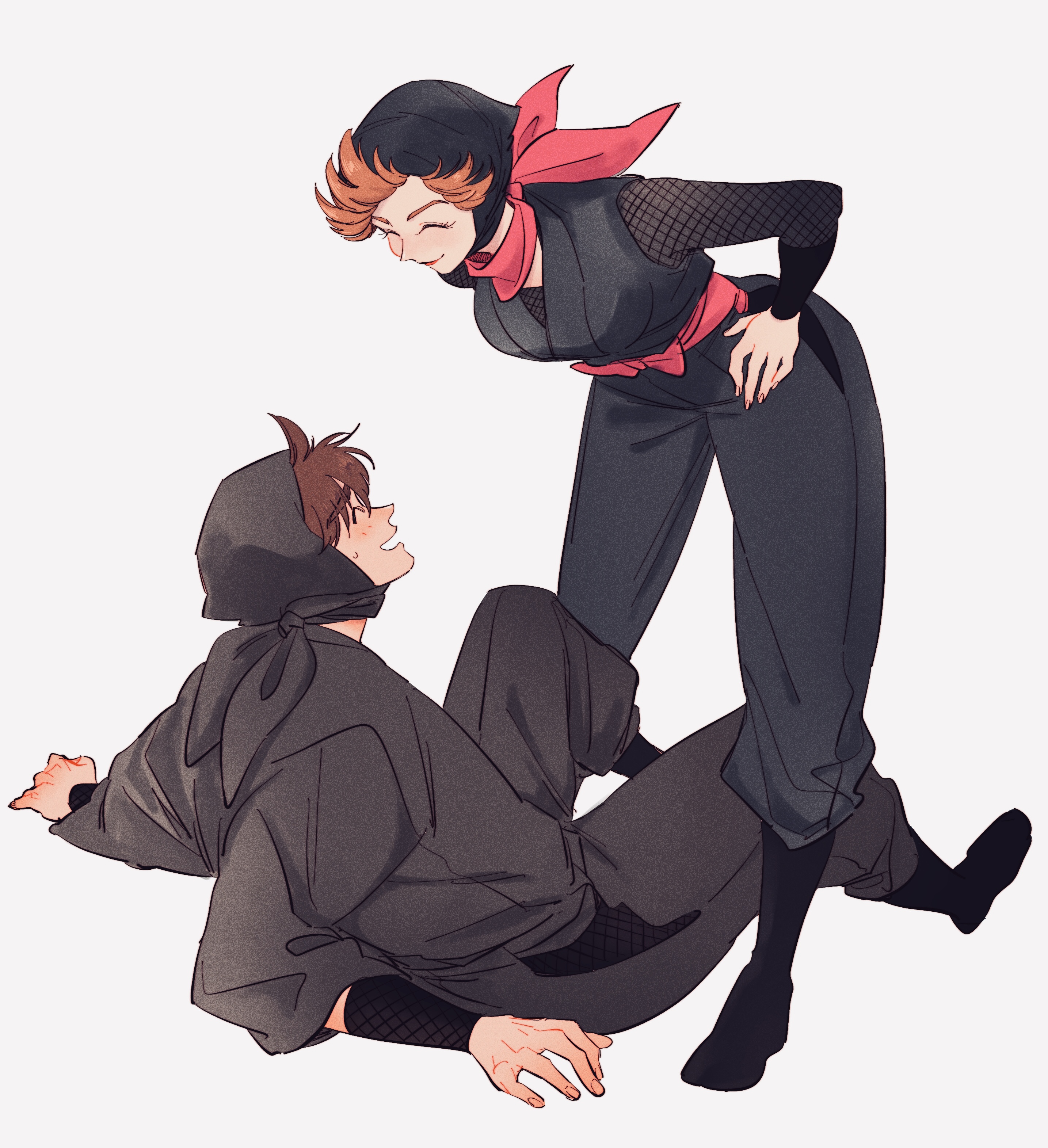 doi hansuke, yamamoto shina, rakudai ninja rantarou, facing up, absurdres, highres, 1boy, 1girl, ^ ^, arms at sides, bandana, bandana around neck, black boots, black hood, black pants, black shirt, boots, breasts, brown hair, closed eyes, closed mouth, detached hood, facing another, fishnet sleeves, fishnets, flipped bangs, full body, hands on own hips, humoto 00, leaning forward, legs apart, lipstick, long sleeves, makeup, medium breasts, nervous smile, on floor, open mouth, orange hair, pants, pink bandana, pink sash, reclining, red lips, sash, shirt, short hair, simple background, sleeveless, smile, standing, sweatdrop, white background, wrist guards