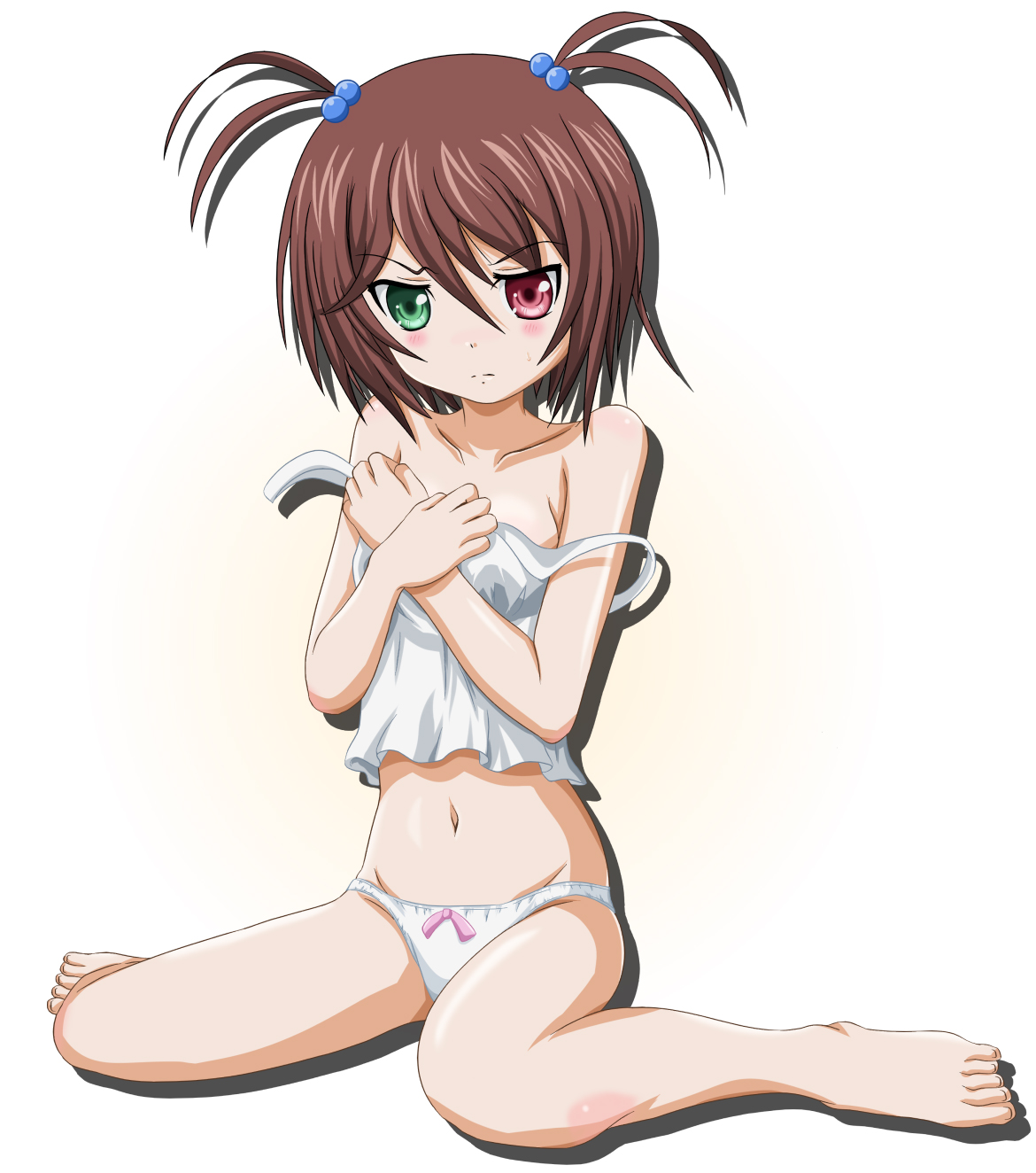 takumi (rozen garten), souseiseki, rozen maiden, highres, 00s, 1girl, barefoot, blush, bottomless, bow, bow panties, breasts, camisole, feet, female focus, frown, heterochromia, navel, panties, short hair, short twintails, sitting, small breasts, solo, twintails, two side up, underwear, underwear only, white panties