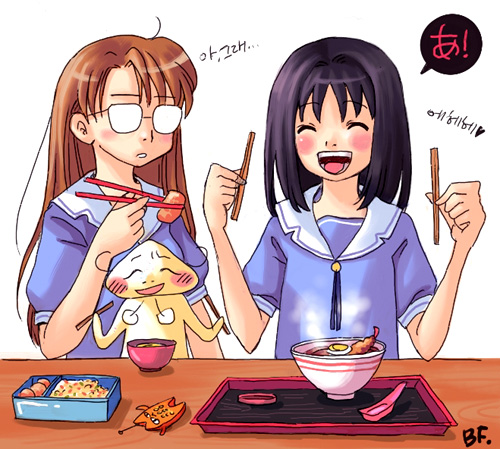 bf. (sogogiching), kasuga ayumu, mihama chiyo's father, mizuhara koyomi, azumanga daiou, real life, archived source, commentary request, korean commentary, lowres, 2girls, a (phrase), black hair, blue serafuku, blue shirt, blue sleeves, bowl, brown hair, chopsticks, closed eyes, collared shirt, egg (food), food, glasses, holding, holding chopsticks, impasto, long hair, medium hair, multiple girls, noodles, nostrils, opaque glasses, phone, puff of air, puffy short sleeves, puffy sleeves, ramen, rice, sailor collar, school uniform, serafuku, shirt, short sleeves, shrimp, shrimp tempura, signature, simple background, sleeve cuffs, sliced egg, soup ladle, speech bubble, table, tempura, tray, upper body, white background, white sailor collar