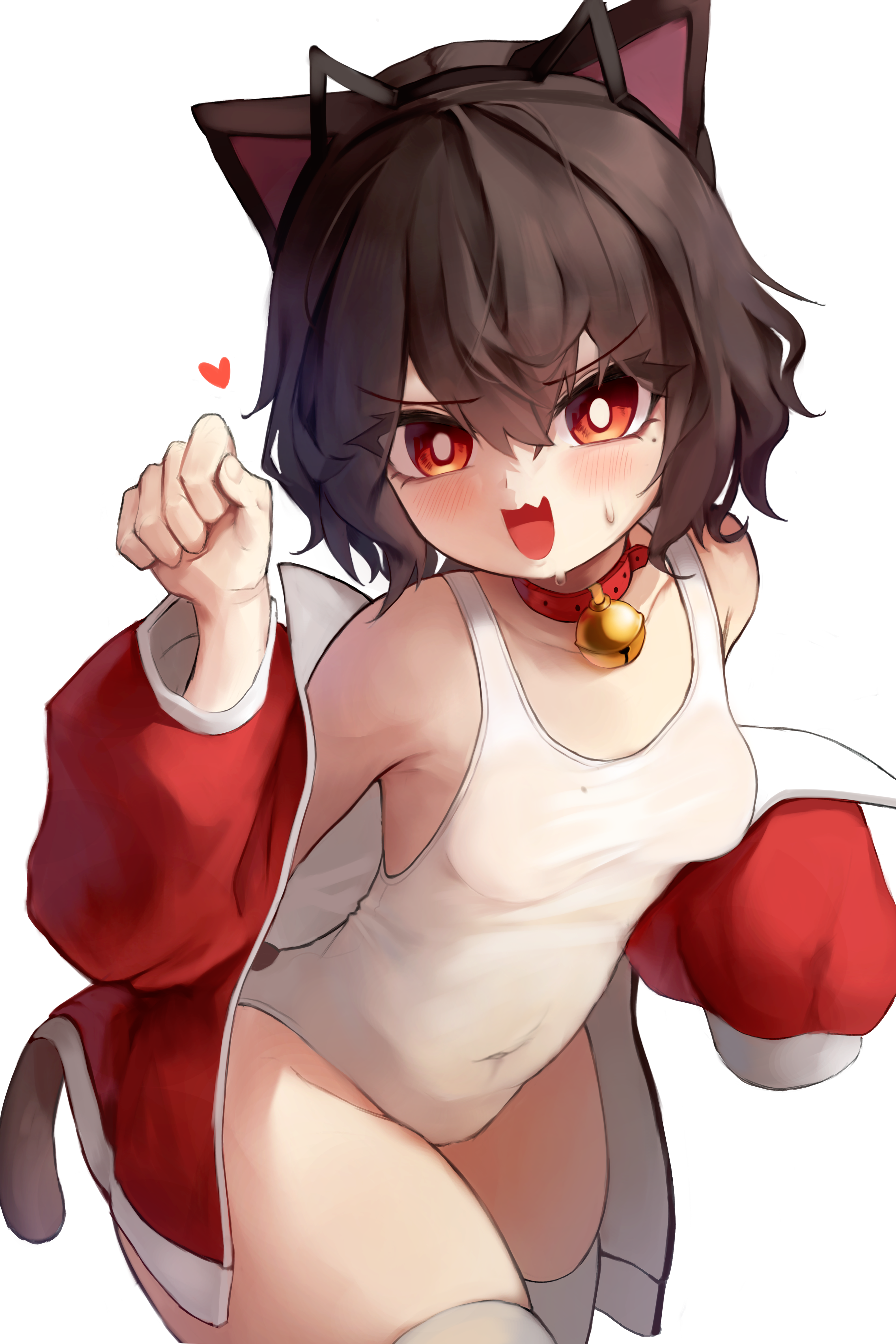 prunechi, original, absurdres, commission, highres, korean commentary, 1girl, animal collar, animal ear hairband, animal ears, bare shoulders, bell, belt collar, blush, breasts, bright pupils, brown hair, cat ear hairband, cat ears, cat tail, collar, covered navel, cowboy shot, embarrassed, eyes visible through hair, fake animal ears, hair between eyes, hairband, hand up, heart, jacket, jingle bell, looking at viewer, medium hair, mole, mole on breast, mole under eye, mr kimbanjang, neck bell, off shoulder, one-piece swimsuit, paw pose, red collar, red eyes, red jacket, see-through clothes, see-through one-piece swimsuit, simple background, sleeves past fingers, sleeves past wrists, small breasts, solo, sweatdrop, swimsuit, tail, thick thighs, thighhighs, thighs, v-shaped eyebrows, white background, white one-piece swimsuit, white pupils, white thighhighs
