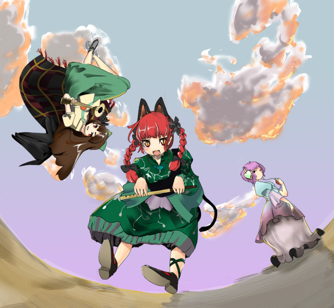 natsume gari, kaenbyou rin, komeiji satori, reiuji utsuho, touhou, 3girls, adapted costume, animal ears, ankle ribbon, black wings, braid, brown hair, cat ears, cat girl, cat tail, cloud, digital media player, dress, extra ears, female focus, flute, flying, hair ribbon, headphones, heart, instrument, leg ribbon, long hair, long skirt, looking at viewer, multiple girls, multiple tails, red eyes, red hair, ribbon, skirt, sky, slit pupils, smile, tail, twin braids, upside-down, wings