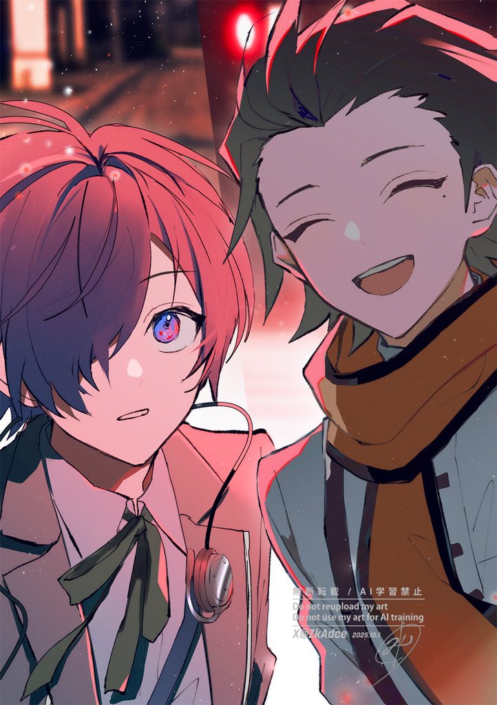 zeka (skzk cm), mochizuki ryouji, yuuki makoto (persona 3), persona, persona 3, commentary request, 2boys, :d, antenna hair, backlighting, black hair, blue eyes, blue hair, blurry, blurry background, closed eyes, dated, digital media player, digital walkman, facing viewer, gekkoukan high school uniform, green ribbon, hair over one eye, hair slicked back, jacket, light particles, looking at viewer, male focus, medium hair, mole, mole under eye, multiple boys, open clothes, open jacket, open mouth, outdoors, parted lips, ribbon, scarf, school uniform, shirt, short hair, signature, smile, suspenders, teeth, traffic light, twitter username, upper body, upper teeth only, walkman nw-s203f, white shirt, yellow scarf