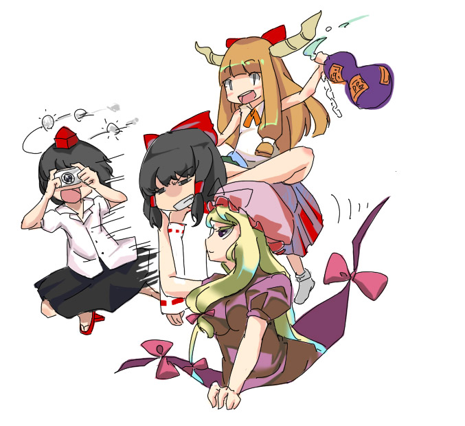 natsume gari, hakurei reimu, ibuki suika, shameimaru aya, yakumo yukari, touhou, bad id, bad pixiv id, 4girls, female focus, geta, hat, multiple girls, tengu-geta