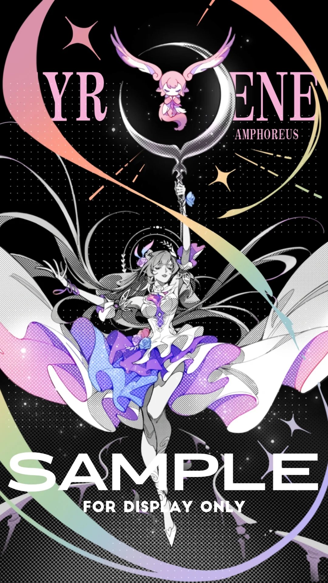 saskeboom, cyrene (honkai: star rail), cyrene (ripples of past reverie) (honkai: star rail), mem (honkai: star rail), honkai: star rail, honkai (series), highres, 1girl, closed eyes, crescent, detached sleeves, diamond (shape), dress, english text, floral print, flower, frills, greyscale, hair flower, hair ornament, halo, long hair, monochrome, multicolored dress, pink fur, sparkle, tail, very long hair, weapon, wristband