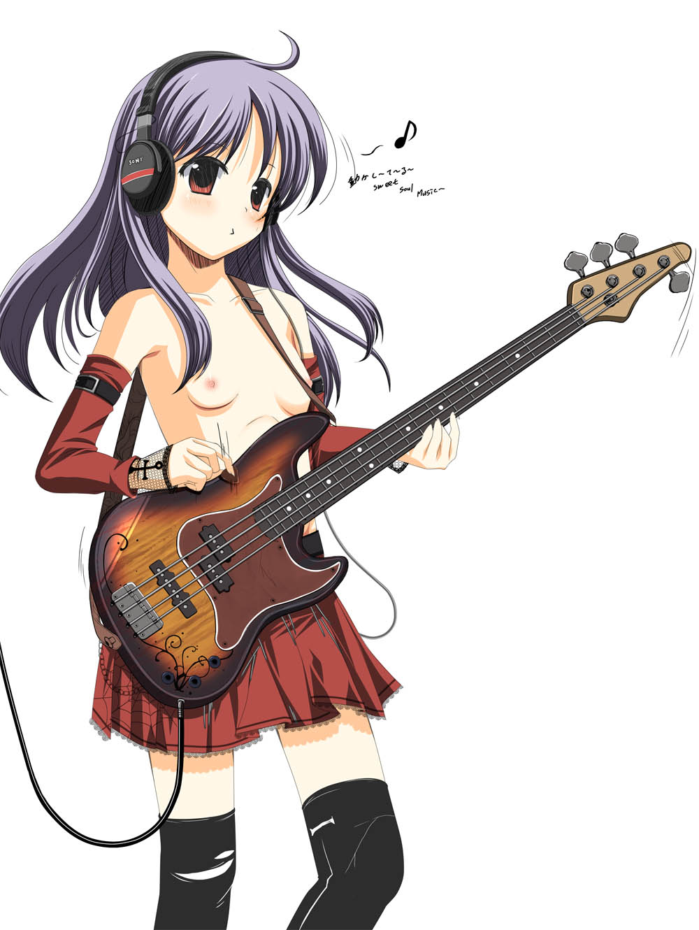 kazumasa, original, highres, 1girl, bass guitar, breasts, detached sleeves, elbow gloves, female focus, flat chest, gloves, headphones, instrument, long hair, musical note, nipples, purple hair, quaver, red eyes, skirt, small breasts, solo, thighhighs, topless female, zettai ryouiki