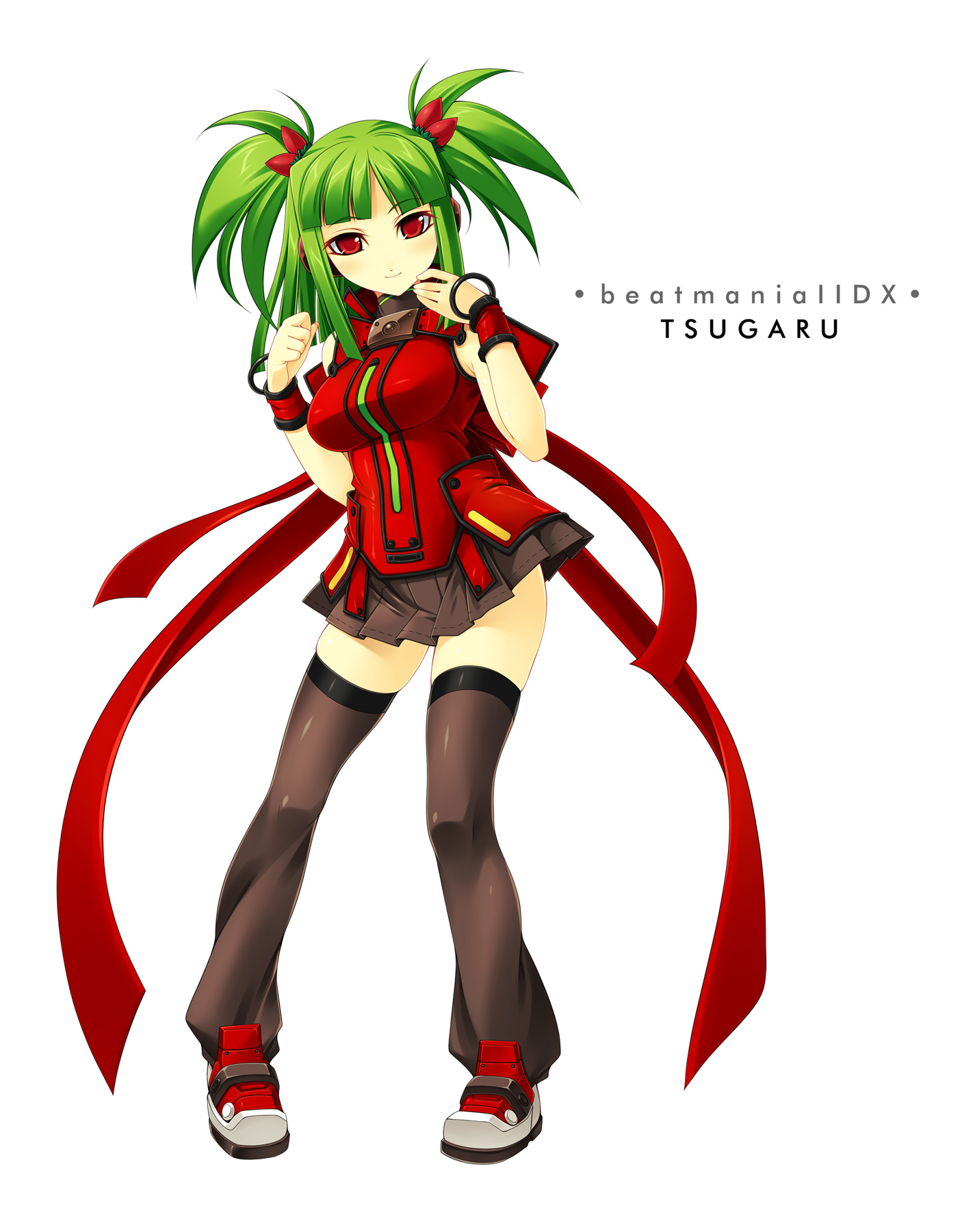 kinoshita ichi, hishimiya tsugaru, beatmania iidx, beatmania iidx 8th style, bemani, highres, 1girl, arm warmers, blunt bangs, blush, breasts, female focus, green hair, hair ornament, long hair, looking at viewer, miniskirt, pleated skirt, red eyes, simple background, skirt, smile, solo, standing, thighhighs, twintails, two side up, white background, zettai ryouiki
