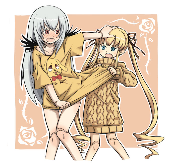 aka (s3637), kunkun, shinku, suigintou, rozen maiden, silver hair, 00s, 2girls, blonde hair, blue eyes, blush, bottomless, clothes grab, doll joints, drill hair, hair ribbon, joints, long hair, multiple girls, purple eyes, ribbon, shirt grab, sweater, twintails, very long hair, wings