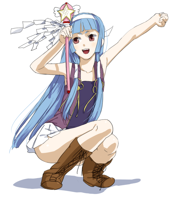 hiro (pixiv32951), rururara, nagi, kannagi, looking away, bad id, bad pixiv id, 00s, 1girl, :d, blue hair, blunt bangs, boots, female focus, hair ornament, hair tubes, hairband, long hair, miniskirt, open mouth, outstretched arm, pleated skirt, red eyes, skirt, smile, solo, squatting, tank top, wand, white skirt