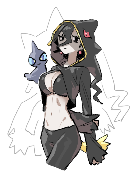 raine (acke2445), banette, hex maniac (pokemon legends: z-a), pokemon tower ghost, shuppet, nintendo, pokemon, pokemon legends: z-a, lowres, 1girl, 1other, :o, @ @, banette (cosplay), bare shoulders, black gloves, black hair, breasts, cleavage, collarbone, cosplay, earrings, evolutionary line, expressionless, gen 3 pokemon, gloves, hair between eyes, hair ornament, hood, hoodie, jewelry, large breasts, large earrings, long hair, no bra, pants, purple eyes, shaded face, silhouette, sphere earrings, strapless, white background, wide hips