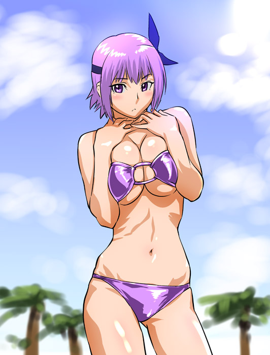 ueyama michirou, ayane (doa), dead or alive, tecmo, 1girl, bikini, blush, breasts, breasts squeezed together, day, female focus, large breasts, midriff, navel, purple bikini, purple eyes, purple hair, short hair, solo, swimsuit