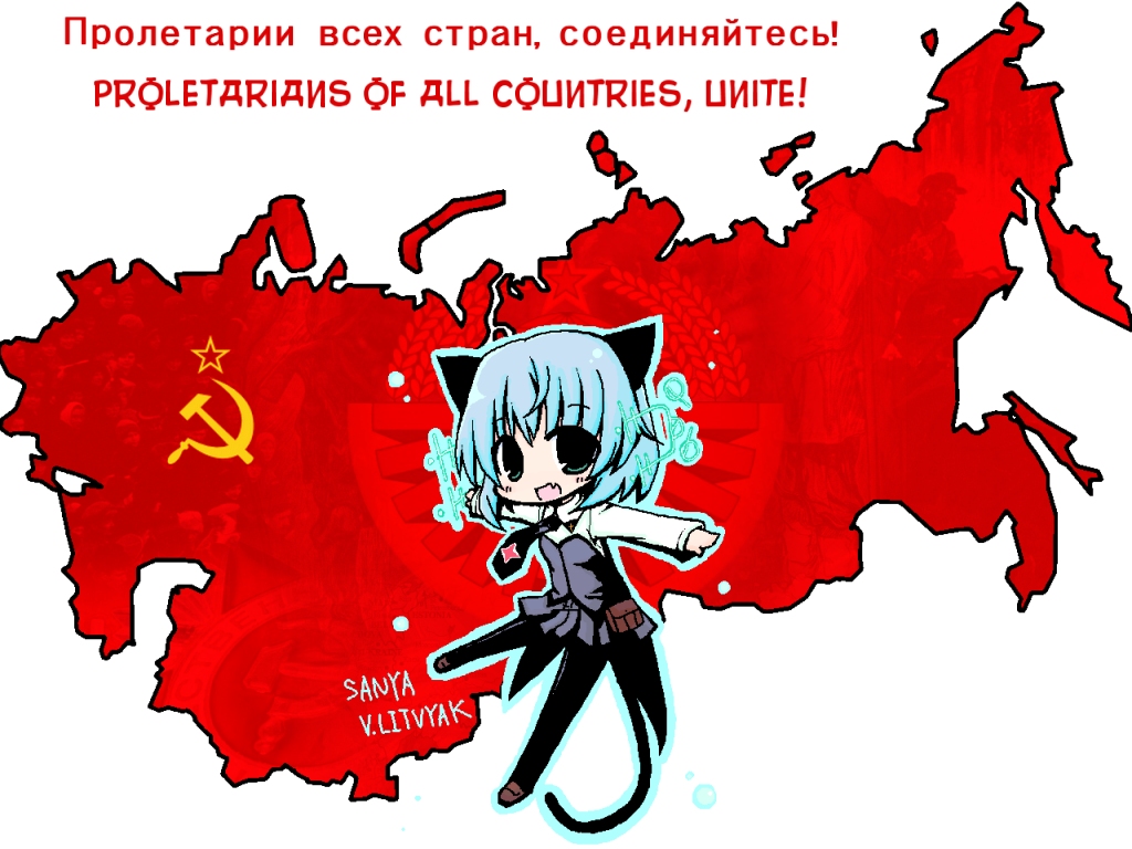 sanya v. litvyak, strike witches, world witches series, uniform, translated, 00s, 1girl, animal ears, black pantyhose, communism, cyrillic, english text, fang, faux cyrillic, faux text, female focus, full body, hammer and sickle, hirschgeweih antennas, pantyhose, russia, russian text, solo, soviet, tail, text focus, ussr