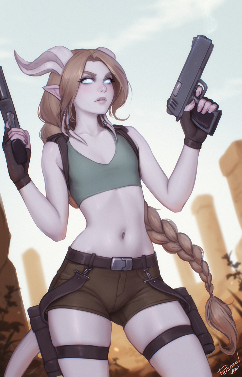 personal ami, draenei, warcraft, world of warcraft, commentary, english commentary, highres, 1girl, artist name, black gloves, blue sclera, blue shirt, braid, braided ponytail, brown hair, brown shorts, colored sclera, colored skin, cowboy shot, cropped shirt, dual wielding, fingerless gloves, flat chest, gloves, gun, handgun, holding, holding gun, holding weapon, holster, horns, long hair, midriff, navel, outdoors, parted lips, pointy ears, purple skin, shirt, short shorts, shorts, signature, sleeveless, sleeveless shirt, solo, thigh holster, thigh strap, very long hair, weapon, white eyes