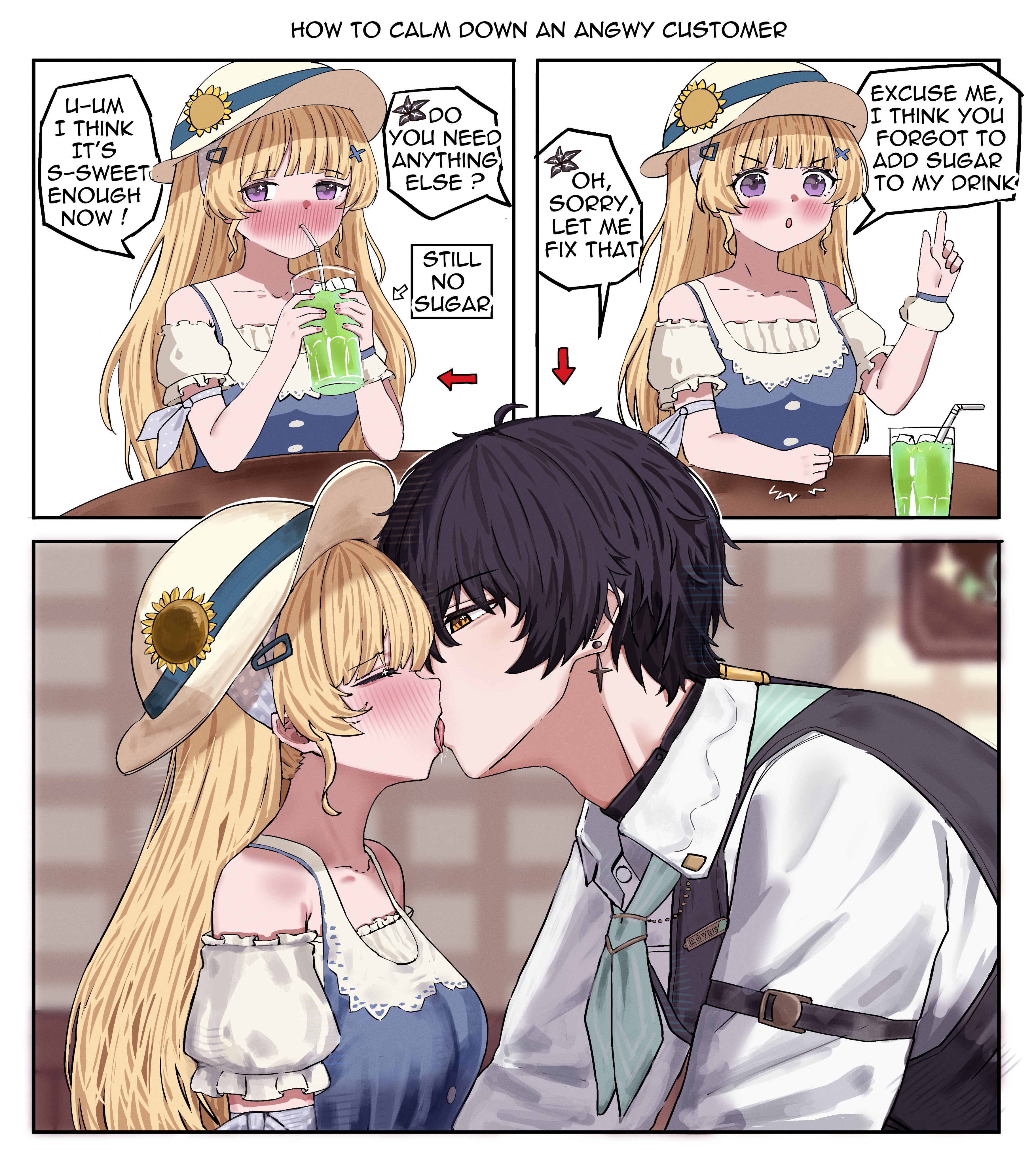 2na (blue2na), male rover (wuthering waves), phoebe (wuthering waves), rover (wuthering waves), wuthering waves, absurdres, commentary, english commentary, highres, 1boy, 1girl, bare shoulders, black hair, black vest, blake bloom (wuthering waves), blonde hair, blurry, blurry background, blush, breasts, closed eyes, collarbone, collared shirt, cup, drinking, drinking glass, drinking straw, english text, french kiss, hair ornament, hand up, hat, hetero, index finger raised, indoors, kiss, long hair, medium breasts, nose blush, official alternate costume, purple eyes, shirt, slam, vest, white shirt, x hair ornament, yellow eyes