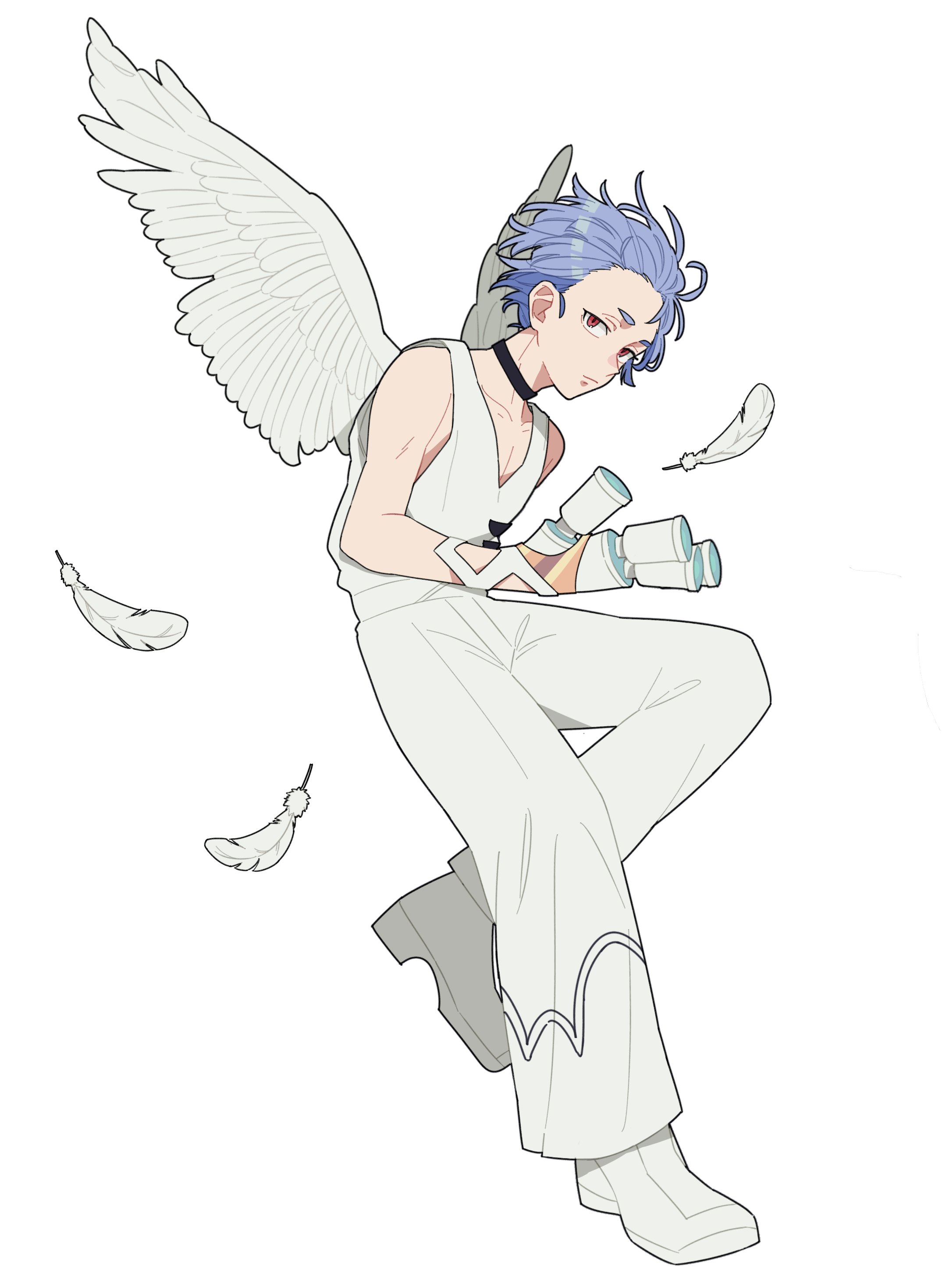 rkxx1201, polyester (psg), panty & stocking with garterbelt, absurdres, commentary request, highres, 1boy, angel wings, arm up, bare shoulders, black choker, blue hair, bodysuit, choker, collarbone, falling feathers, feathers, finger cannon, full body, hair slicked back, looking at viewer, male focus, sanpaku, shoes, short hair, simple background, solo, white background, white bodysuit, white shoes, white wings, wings