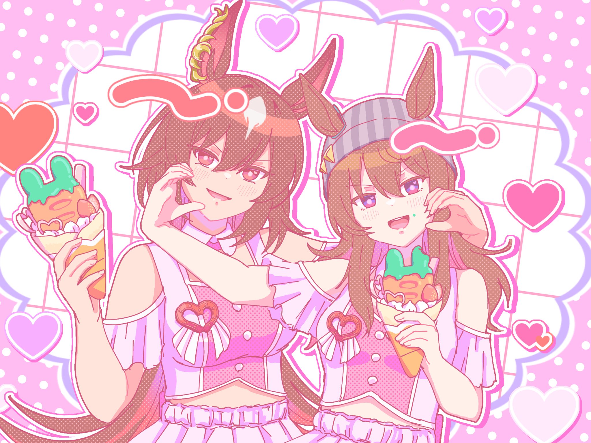 aaaynsc, nakayama festa (umamusume), sirius symboli (umamusume), umamusume, commentary, highres, 2girls, animal ears, arm around neck, bare shoulders, beanie, ben-day dots, blush, breasts, brooch, brown hair, buttons, clothing cutout, crepe, crop top, cropped shirt, detached collar, dot nose, ear ornament, ears through headwear, food, frilled sleeves, frills, grey hair, grey hat, hair between eyes, hat, head tilt, heart, heart brooch, heart hands, heart hands duo, heart in eye, high-waist skirt, holding, holding crepe, holding food, horse ears, horse girl, horse tail, jewelry, long hair, looking at viewer, medium breasts, meni shuki rush-sshu!, multicolored hair, multiple girls, open mouth, pink eyes, purple eyes, purple shirt, purple skirt, screentones, shirt, short sleeves, shoulder cutout, skirt, small breasts, smile, streaked hair, striped hat, symbol in eye, tail, teeth, two-tone hair, upper body, upper teeth only