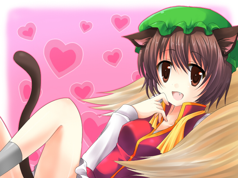 shiitake (artist), chen, yakumo ran, touhou, 1girl, animal ears, bonnet, brown eyes, brown hair, cat ears, cat girl, cat tail, fang, female focus, hat, multiple tails, mushroom, shiitake, short hair, solo focus, tail