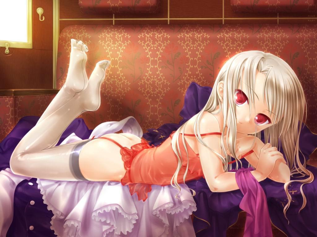 mizui kaou, illyasviel von einzbern, fate/stay night, fate (series), ass, blonde hair, lingerie, loli, red eyes, thighhighs, underwear