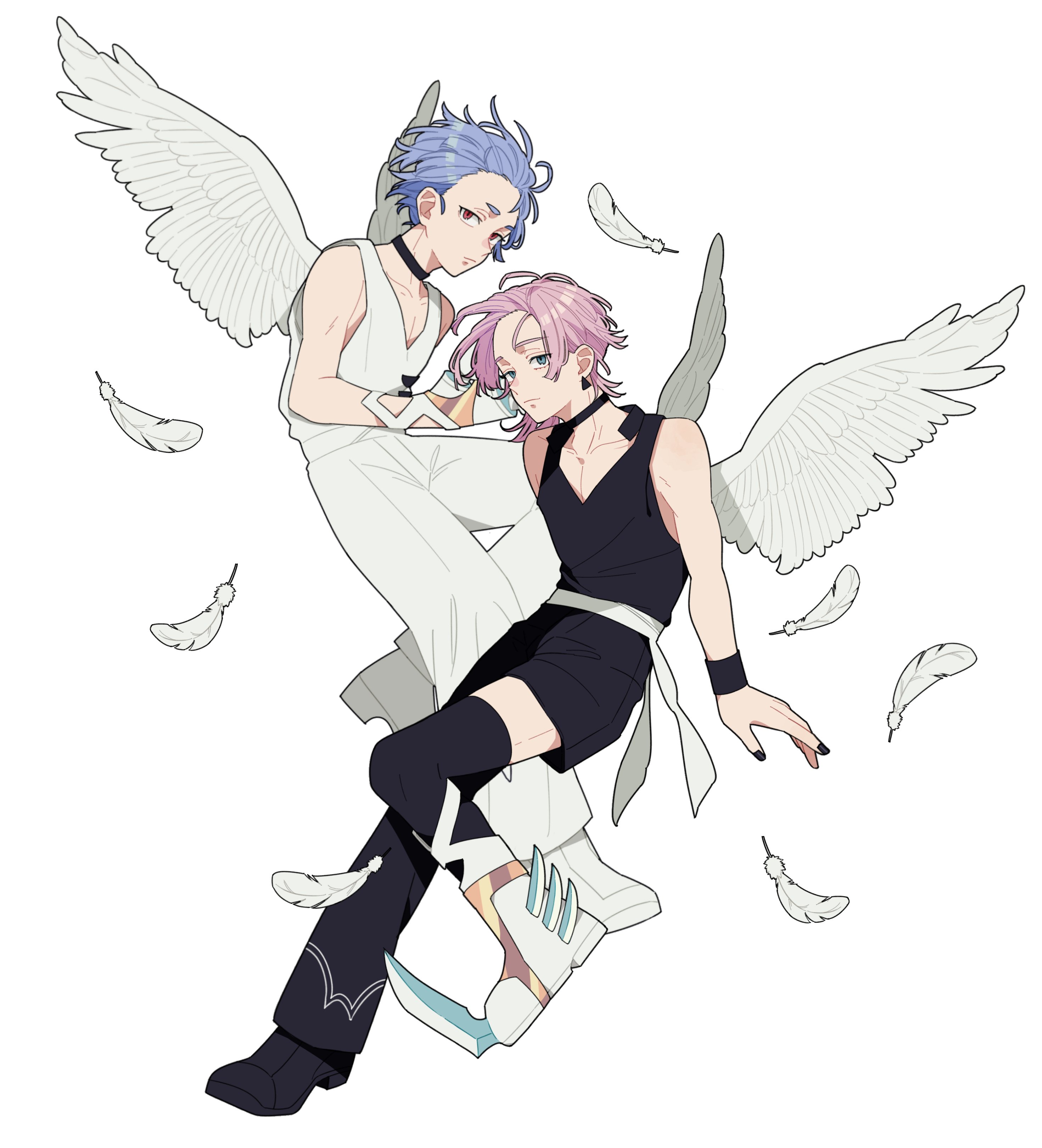 rkxx1201, polyester (psg), polyurethane (psg), panty & stocking with garterbelt, absurdres, commentary request, highres, 2boys, angel, angel wings, arm up, asymmetrical footwear, bare shoulders, black bodysuit, black choker, black nails, blue eyes, blue hair, bodysuit, boots, bracelet, brothers, choker, closed mouth, collarbone, earrings, falling feathers, feathered wings, feathers, finger cannon, fingernails, floating hair, frown, full body, hair slicked back, jewelry, looking at viewer, male focus, multiple boys, nail polish, parted hair, piercing, pink hair, sanpaku, shoes, short hair, siblings, simple background, toned, toned male, white background, white bodysuit, white shoes, white wings, wings