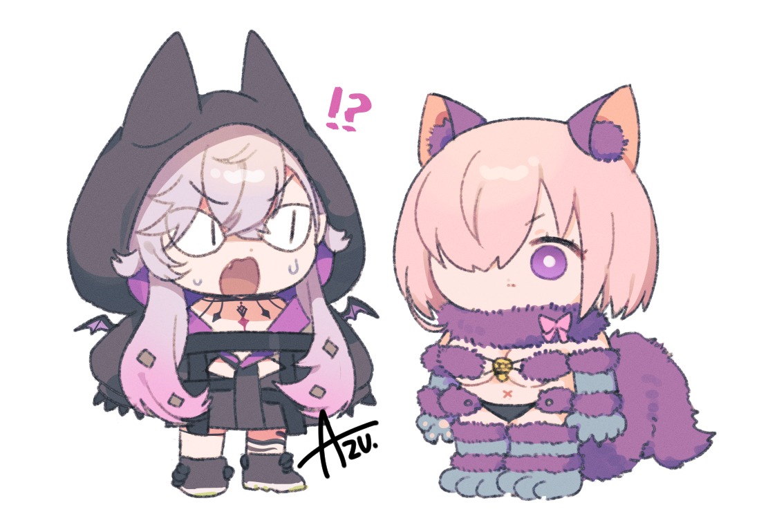 azu (kirara310), lilith (fate), lilith (first ascension) (fate), mash kyrielight, mash kyrielight (dangerous beast), fate/grand order, fate (series), commentary request, !?, <|> <|>, 2girls, animal ear fluff, animal ears, animal hands, artist name, black boots, black jacket, boots, breasts, bright pupils, chibi, chibi only, cleavage, colored extremities, demon girl, demon horns, demon wings, elbow gloves, fake animal ears, fake tail, fang, fur-trimmed gloves, fur-trimmed thighhighs, fur collar, fur trim, furrowed brow, gloves, gradient hair, grey hair, hair between eyes, hair over one eye, hair over shoulder, halloween costume, hood, hood up, hooded jacket, horns, jacket, large breasts, long hair, looking at another, multicolored hair, multiple girls, official alternate costume, open mouth, paw gloves, paw shoes, pink hair, purple eyes, purple hair, revealing clothes, short hair, signature, simple background, standing, sweat, tail, thighhighs, twintails, underboob, v-shaped eyebrows, white background, white pupils, wings, wolf ears, wolf tail, x navel