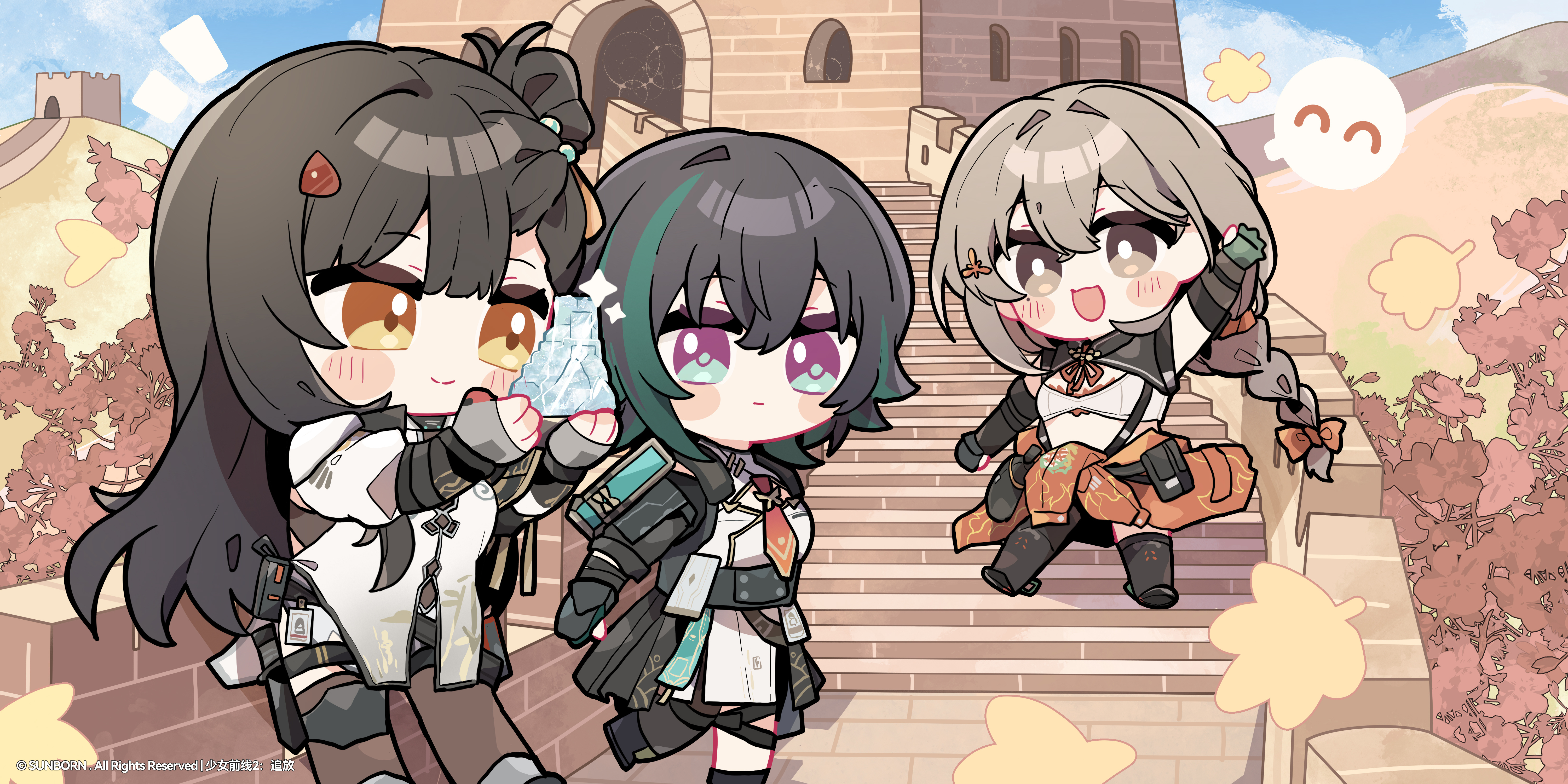 qiuhua (girls' frontline 2), type 97 shotgun (girls' frontline), girls' frontline, girls' frontline 2: exilium, original, absurdres, highres, official art, 3girls, black hair, black socks, blush, brown hair, great wall of china, ice, long hair, mountain, multicolored hair, multiple girls, socks, standing, tree