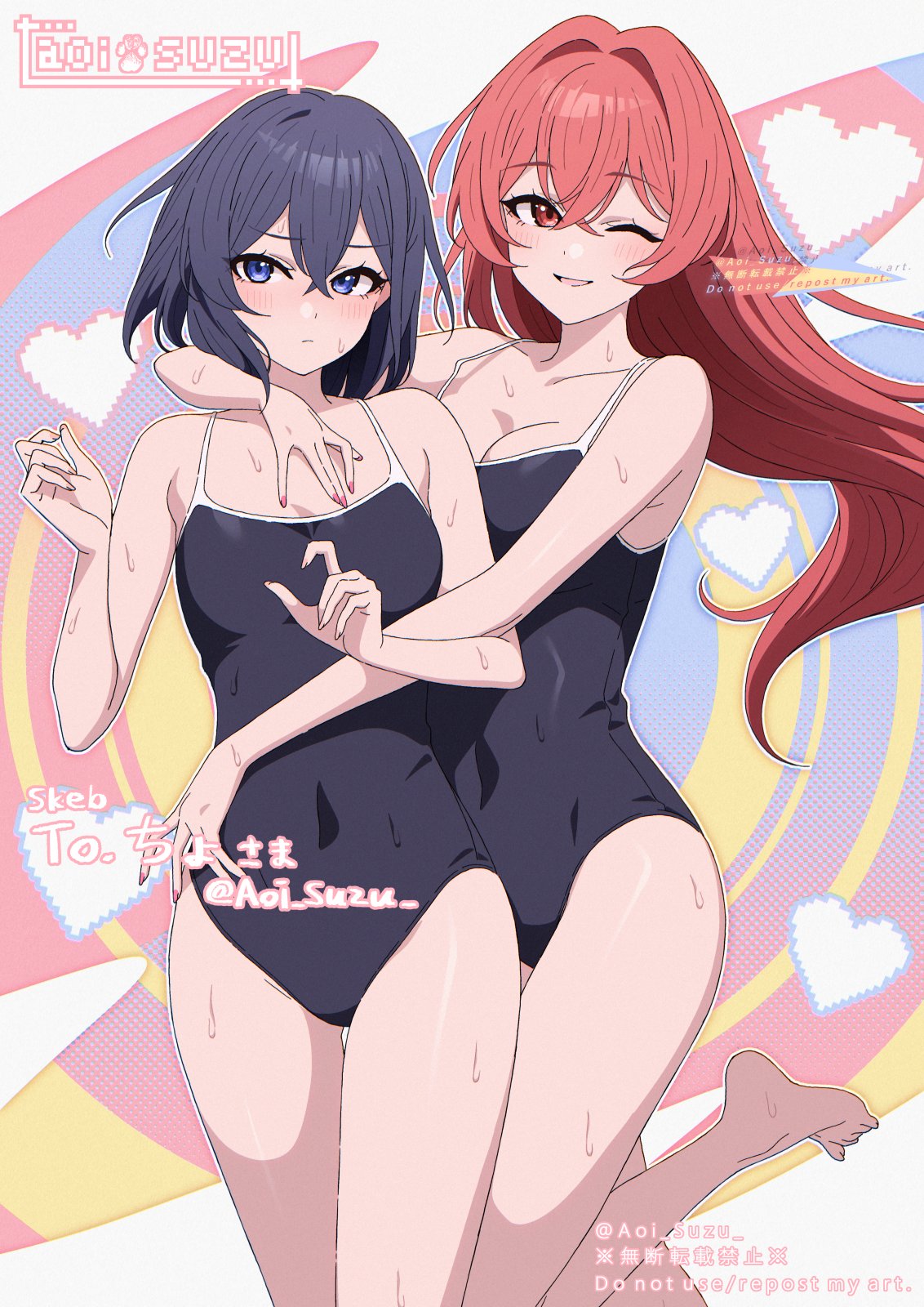 aoi suzu, original, commission, highres, skeb commission, 2girls, bare legs, bare shoulders, barefoot, black hair, black one-piece swimsuit, blue eyes, blue one-piece swimsuit, blush, breasts, cleavage, closed mouth, collarbone, competition school swimsuit, covered navel, crossed bangs, hair between eyes, hair intakes, halftone, heart, hug, hug from behind, long hair, looking at viewer, medium breasts, multiple girls, one-piece swimsuit, one eye closed, open mouth, red eyes, red hair, school swimsuit, short hair, smile, standing, standing on one leg, swimsuit, thighs, toenails, toes, wet