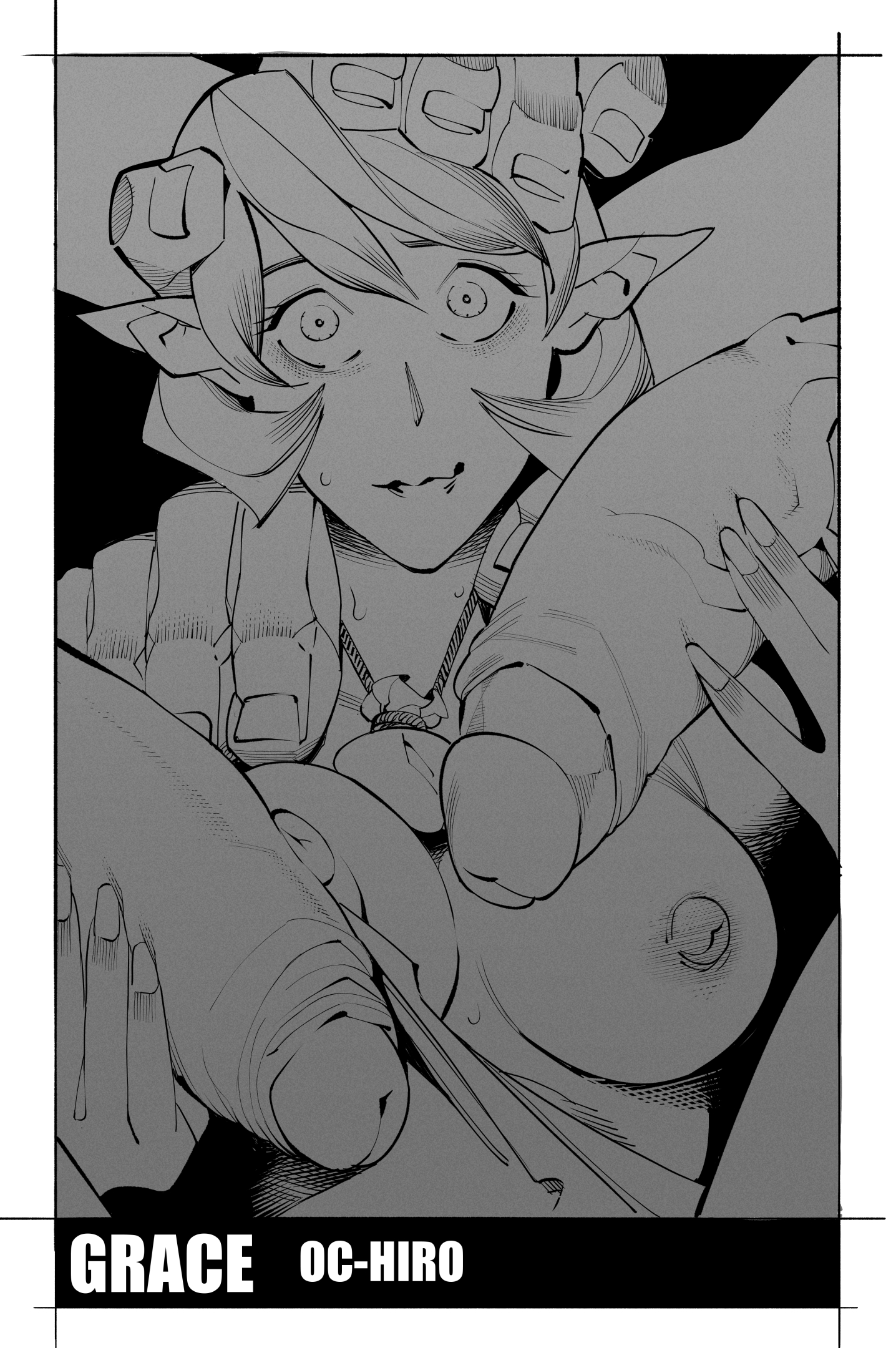 burustandin, original, commentary, english commentary, highres, 1girl, 2boys, border, breasts, character name, english text, foreskin, greyscale, hair between eyes, jewelry, large penis, looking at viewer, medium breasts, monochrome, multiple boys, necklace, partially undressed, penis, pointy ears, puffy nipples, short hair, veins, white border, wide-eyed