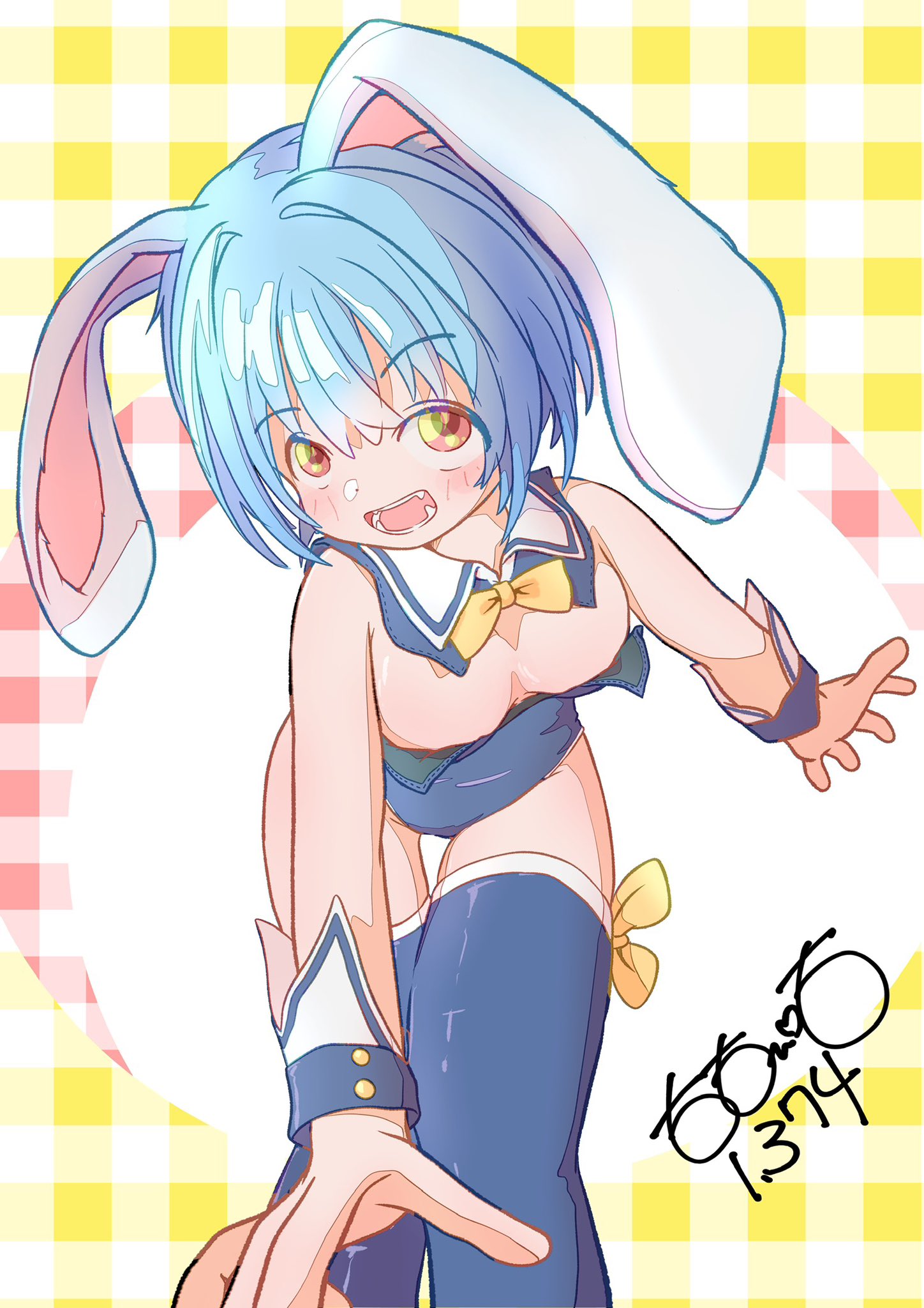 totomoto, original, highres, 1girl, animal ears, artist name, blue hair, blue leotard, blush, bow, breasts, detached collar, dot nose, fake animal ears, imminent wardrobe malfunction, large breasts, leaning forward, leotard, looking at viewer, open mouth, orange eyes, outstretched arms, plaid background, playboy bunny, rabbit ears, sailor collar, short hair, signature, simple background, smile, solo, strapless, strapless leotard, thighhighs, thighs, wrist cuffs, yellow bow