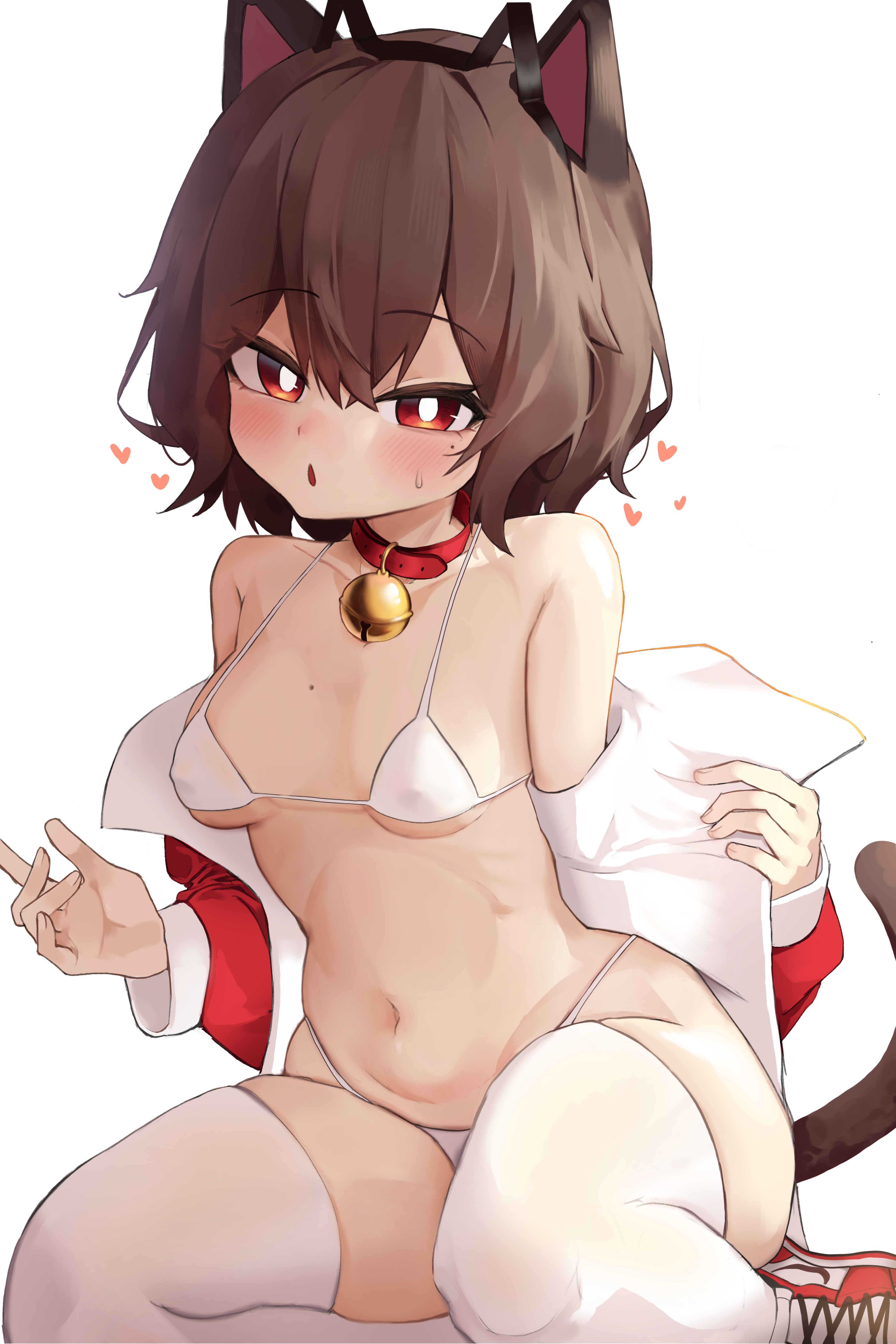 prunechi, air jordan 1, original, absurdres, commission, highres, 1girl, animal collar, animal ear hairband, animal ears, bare shoulders, bell, belt collar, bikini, blush, breasts, bright pupils, brown hair, brown tail, cat ear hairband, cat ears, cat tail, collar, cowboy shot, embarrassed, eyes visible through hair, fake animal ears, hair between eyes, hairband, half-closed eyes, heart, highleg, highleg bikini, jacket, jingle bell, looking at viewer, loving aura, medium hair, mole, mole on breast, mole under eye, mr kimbanjang, navel, neck bell, off shoulder, paw pose, red collar, red eyes, red jacket, red shoes, shoes, simple background, sitting, small breasts, sneakers, solo, stomach, sweatdrop, swimsuit, tail, thick thighs, thighhighs, thighs, white background, white bikini, white pupils, white thighhighs, yokozuwari