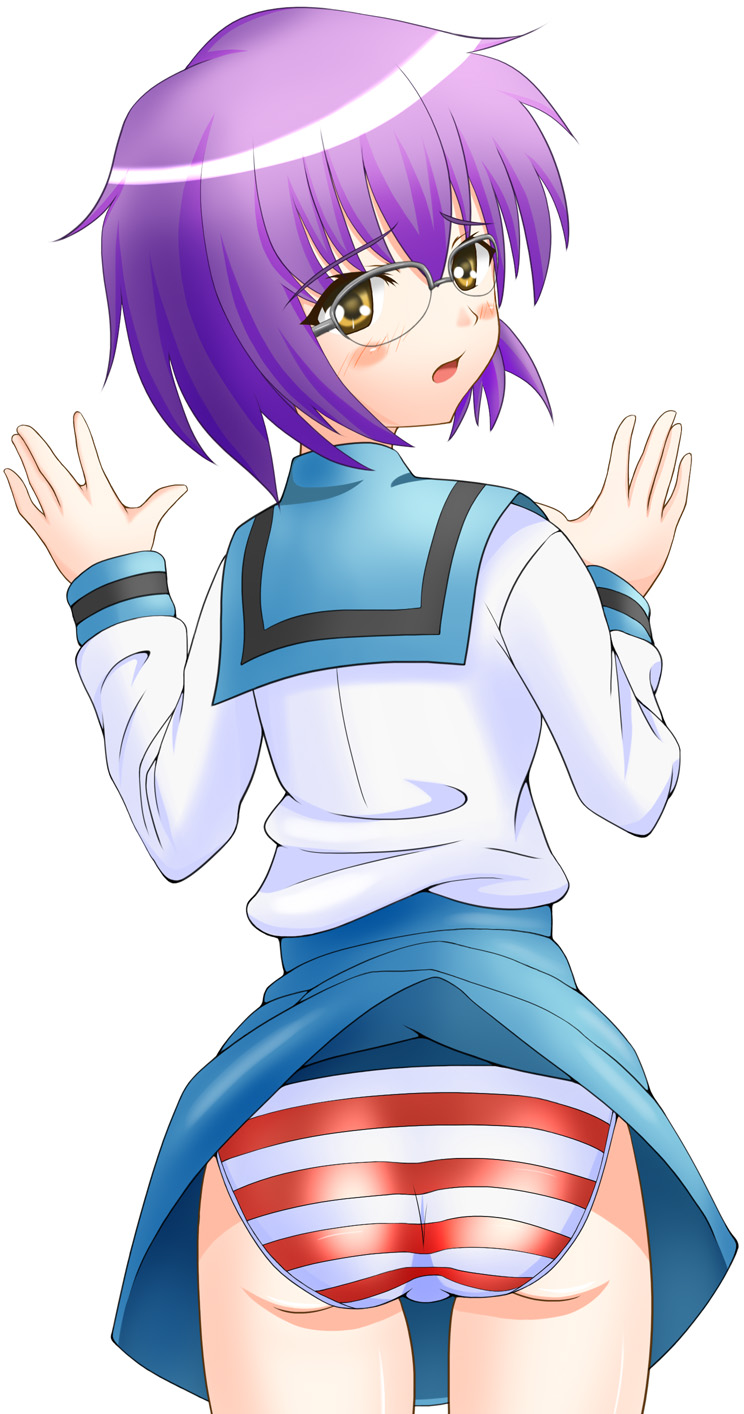 fenrir (pixiv112358), nagato yuki, suzumiya haruhi no yuuutsu, bad id, bad pixiv id, highres, 00s, ass, blush, clothes lift, glasses, looking back, panties, purple hair, school uniform, serafuku, skirt, skirt lift, solo, striped clothes, striped panties, underwear, yellow eyes
