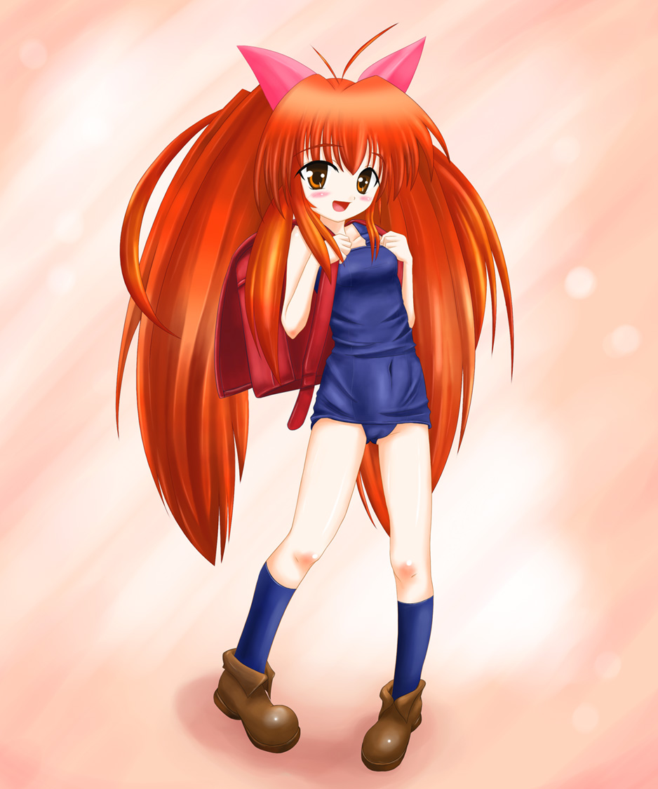 fenrir (pixiv112358), aloe, aloe (quiz magic academy), quiz magic academy, bad id, bad pixiv id, 1girl, ahoge, backpack, bag, bow, brown eyes, female focus, kneehighs, long hair, one-piece swimsuit, randoseru, red hair, school swimsuit, socks, solo, swimsuit, twintails, very long hair