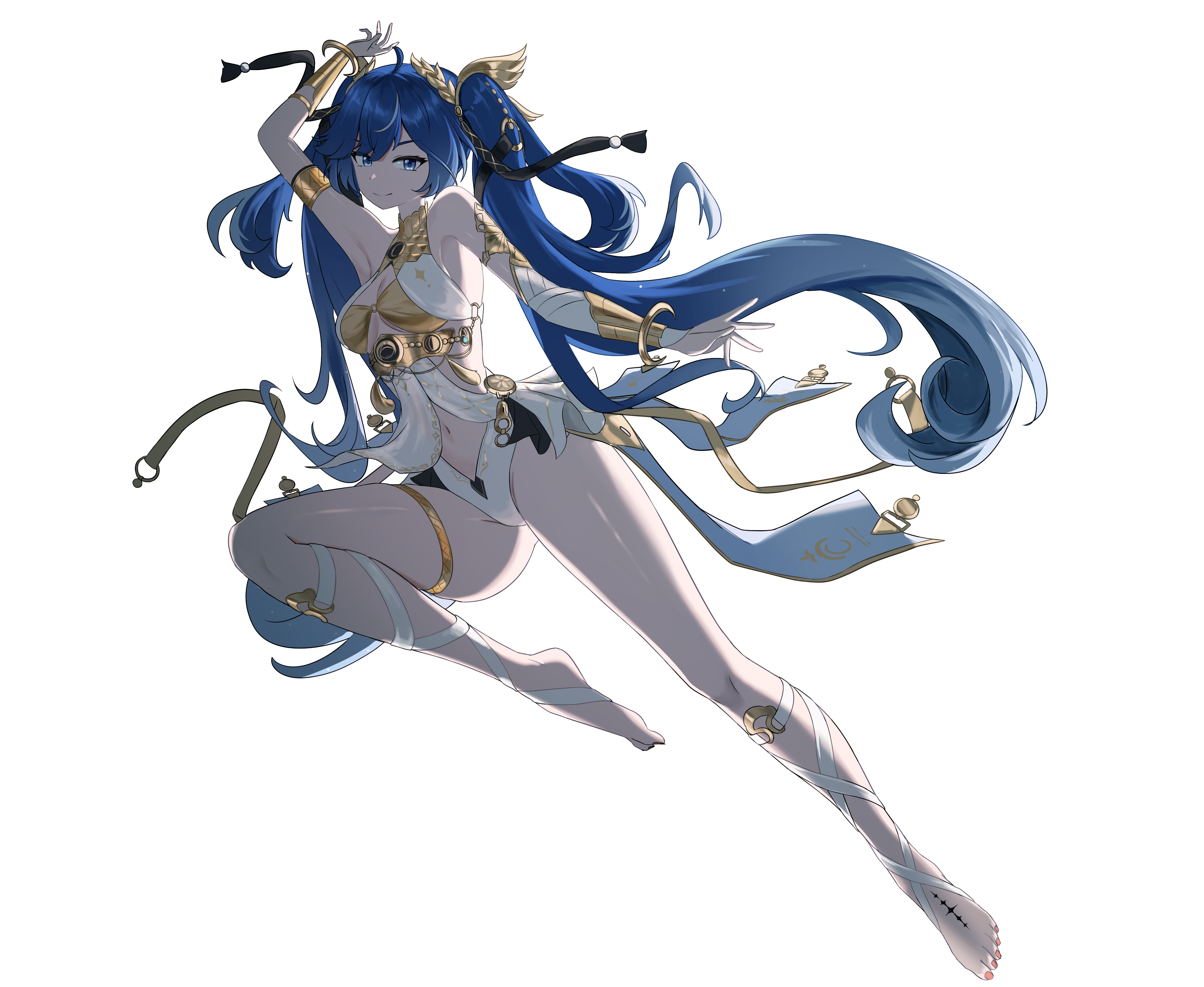 iuno (wuthering waves), wuthering waves, absurdres, commentary request, highres, korean commentary, 1girl, ahoge, arm up, armlet, bare shoulders, barefoot, blue eyes, blue hair, breasts, closed mouth, feet, gold bra, hair belt, jewelry, laurel crown, long hair, looking at viewer, medium breasts, multicolored hair, navel, reikacatfish, simple background, smile, solo, streaked hair, tacet mark (wuthering waves), thighlet, thighs, toes, twintails, vambraces, very long hair, white background