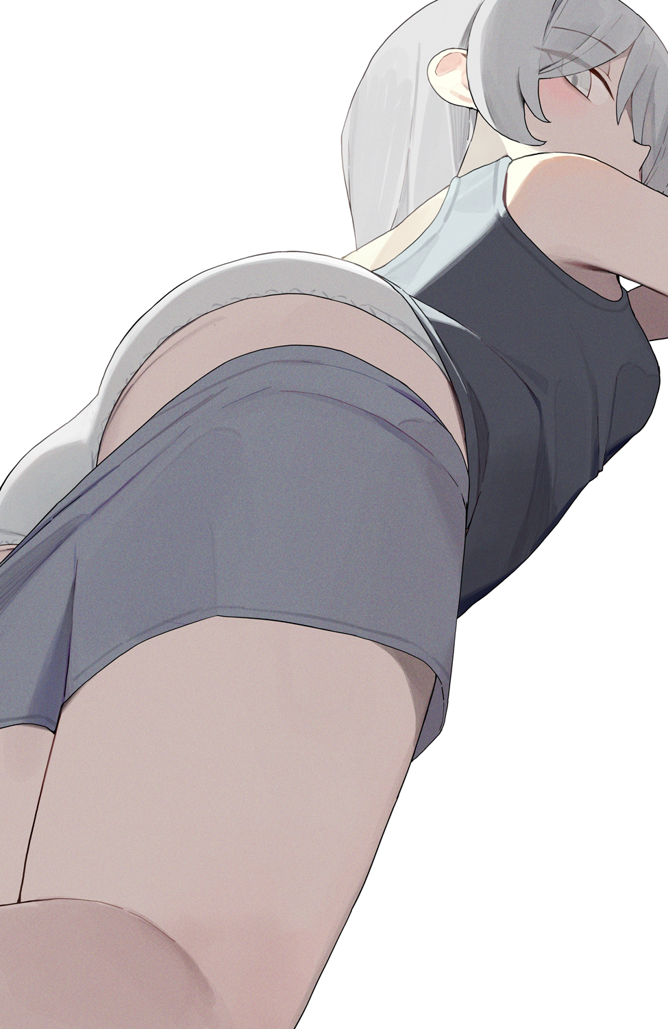 hiroki (yyqw7151), original, commentary, highres, 1girl, ass, black tank top, breasts, clothes pull, eyes visible through hair, from below, grey eyes, grey hair, grey shorts, looking at viewer, lying, on back, panties, short hair, shorts, shorts pull, simple background, small breasts, solo, tank top, underwear, white background