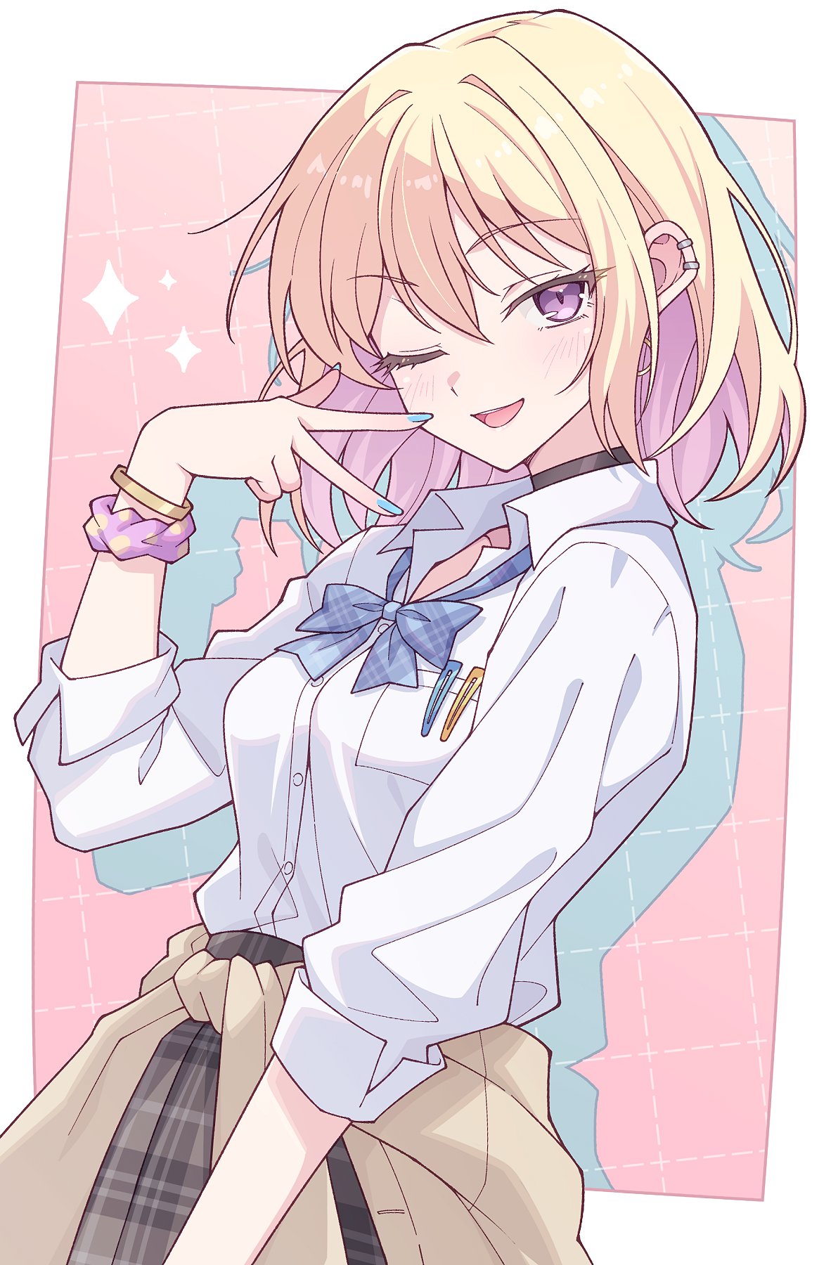 e20, misumi uika, bang dream!, bang dream! it's mygo!!!!!, commentary, highres, 1girl, black choker, blonde hair, blue bow, blue bowtie, blue nails, bow, bowtie, breast pocket, brown jacket, choker, clothes around waist, dress shirt, drop shadow, ear piercing, grey skirt, gyaru, jacket, jacket around waist, medium hair, navel, one eye closed, piercing, pleated skirt, pocket, scrunchie, shirt, skirt, solo, three-quarter sleeves, w, white shirt, wrist scrunchie