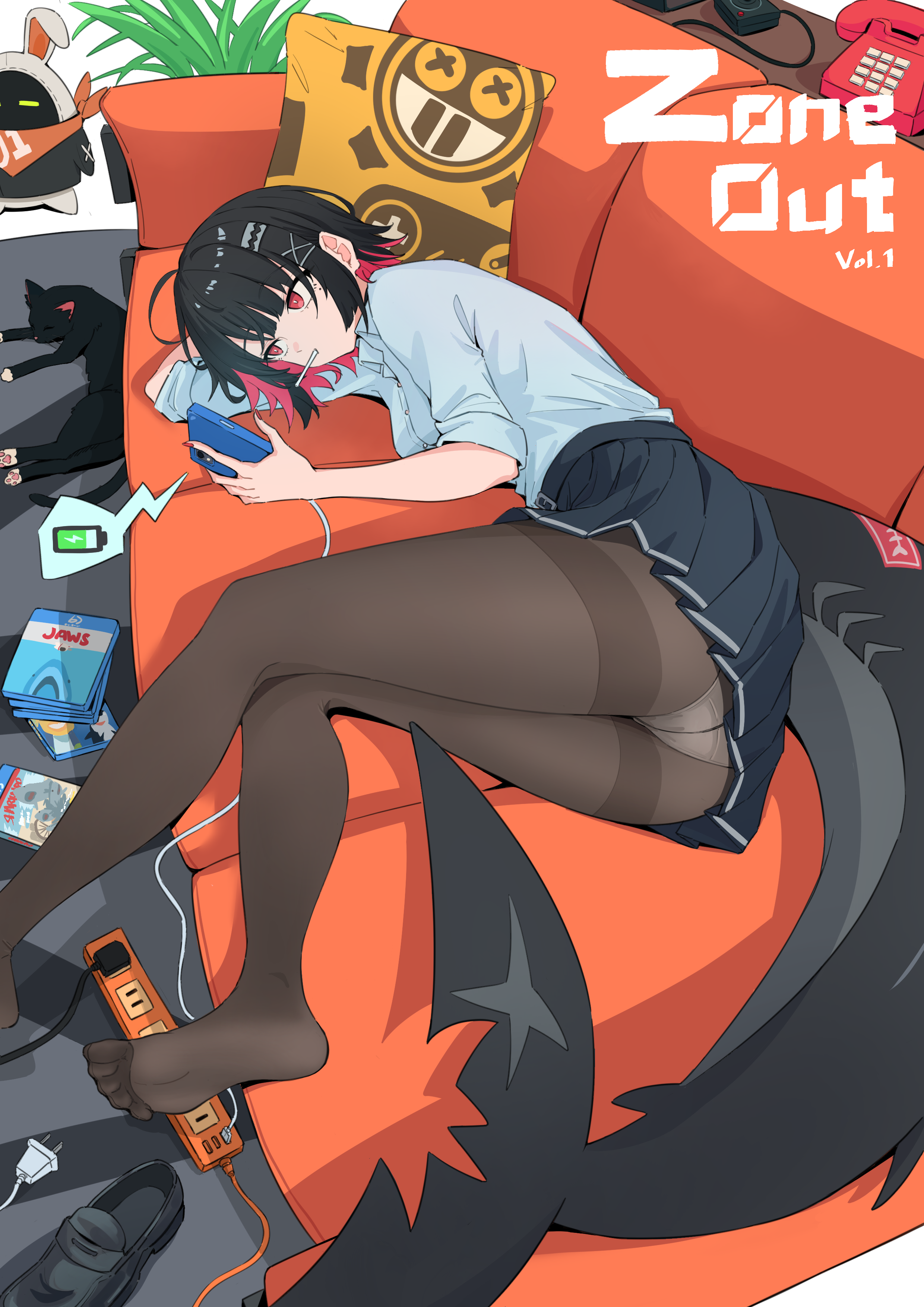 tinkie, ellen joe, ellen joe (on campus), zenless zone zero, absurdres, highres, 1girl, arm over head, black cat, black hair, black pantyhose, black skirt, breasts, cat, cellphone, couch, fins, fish tail, food in mouth, foreshortening, holding, holding phone, lying, medium breasts, multicolored hair, official alternate costume, on couch, on side, panties, pantyhose, phone, pleated skirt, red eyes, red hair, shark girl, shark tail, shirt, shoes, skirt, smartphone, solo, spoken battery, streaked hair, tail, underwear, unworn shoes, white panties, white shirt