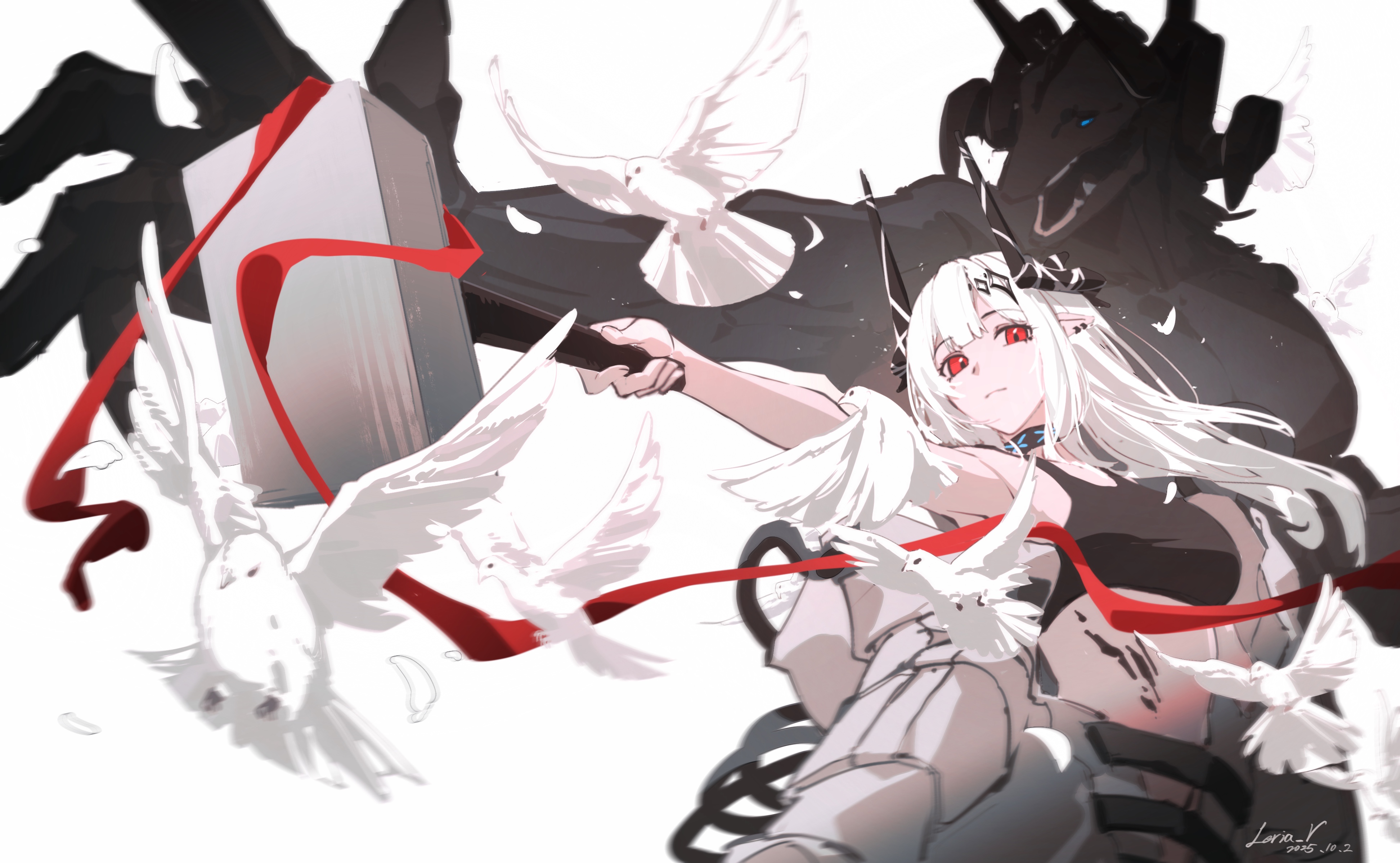 leria v, infection monitor (arknights), mudrock (arknights), arknights, absurdres, highres, 1girl, arm up, bare shoulders, bird, black tank top, breasts, crop top, demon girl, demon horns, earrings, expressionless, from below, hair ornament, hairclip, hammer, holding, holding hammer, horns, jewelry, light frown, long hair, looking at viewer, looking down, material growth, medium breasts, oripathy lesion (arknights), outstretched arm, red eyes, solo, tank top, very long hair, white hair