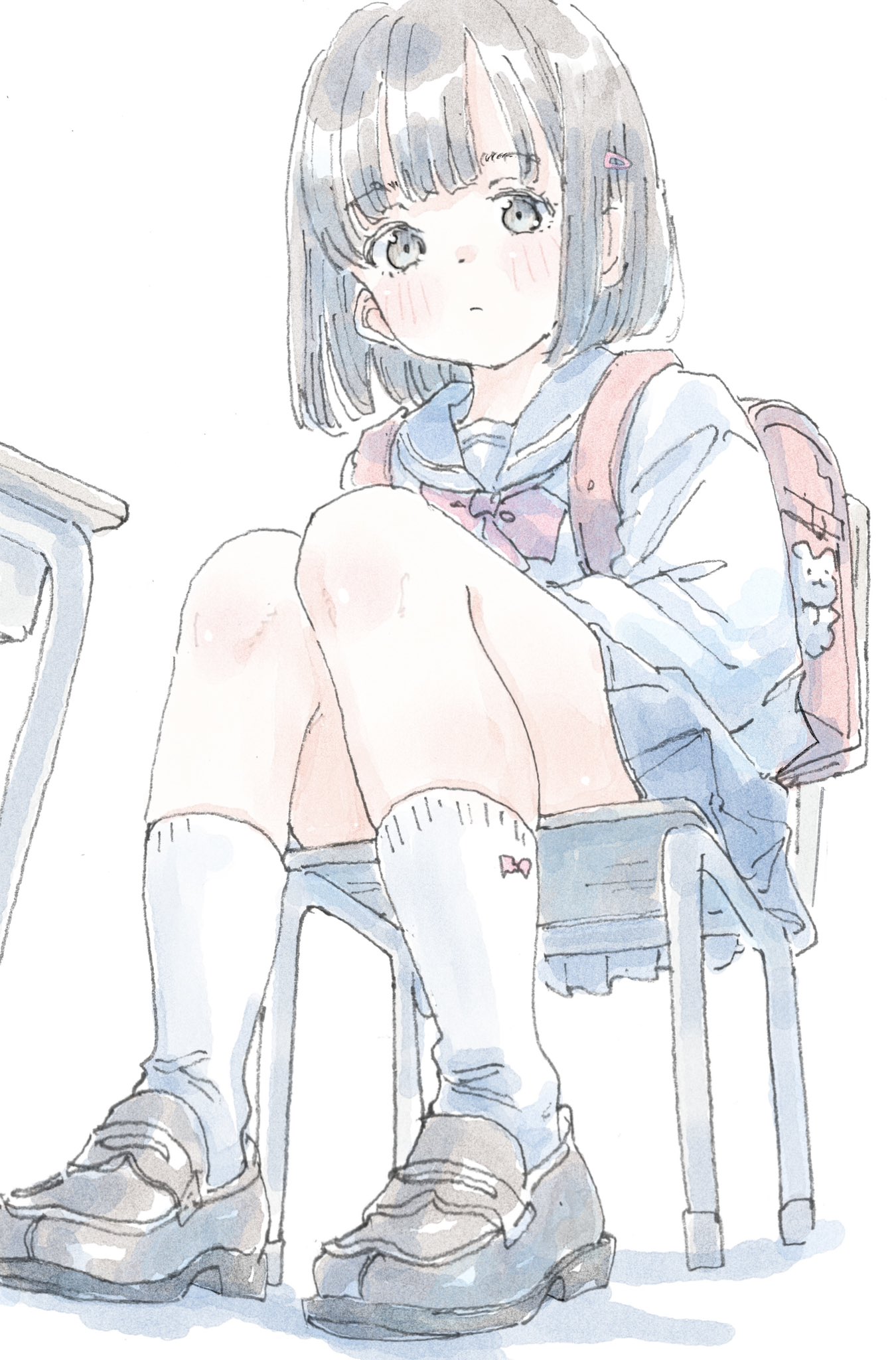 poranka (porankaran), original, highres, 1girl, backpack, bag, blue sailor collar, blue skirt, blunt bangs, blush, bob cut, bow, bow legwear, bowtie, brown shoes, chair, desk, dot nose, expressionless, grey eyes, grey hair, hair ornament, hairclip, kneehighs, loafers, looking at viewer, on chair, pleated skirt, randoseru, red bow, red bowtie, sailor collar, school bag, school chair, school desk, school uniform, serafuku, shirt, shoes, short hair, simple background, sitting, skirt, socks, swept bangs, white background, white shirt, white socks