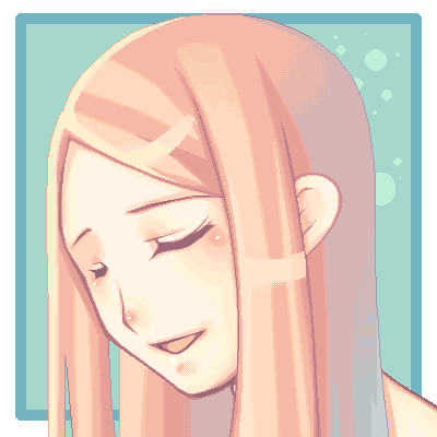 original, archived source, artist request, commentary request, korean commentary, lowres, aqua background, blush, border, closed eyes, gift art, hair ornament, long hair, oekaki, open mouth, pale color, parted lips, pink hair, pixel art, simple background, solo, square, straight hair, tongue, white border