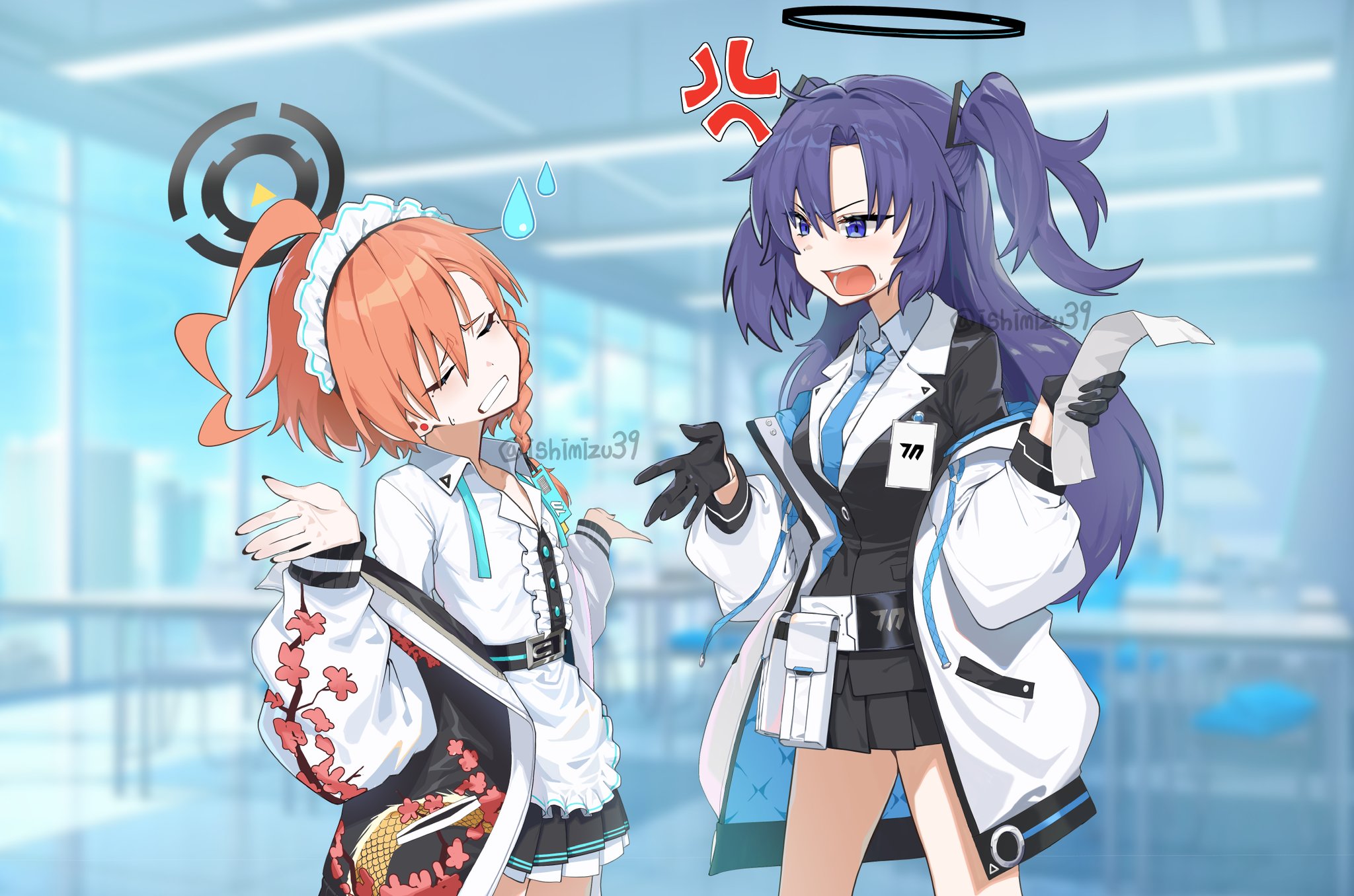 jjigong chigon, neru (blue archive), yuuka (blue archive), blue archive, 2girls, ahoge, anger vein, angry, apron, belt, black gloves, black jacket, black nails, black skirt, blue eyes, braid, breasts, classroom, clenched teeth, closed eyes, coat, earrings, floral print, floral print jacket, frilled hairband, frills, gloves, hair ornament, hair tie, hairband, halo, height difference, holding receipt, huge ahoge, jacket, jewelry, long hair, maid headdress, medium breasts, mole under each eye, mole under eye, multiple girls, multiple moles, necktie, off-shoulder coat, off-shoulder jacket, off shoulder, open clothes, open coat, open jacket, open mouth, orange hair, purple hair, school uniform, shirt, short hair, shrugging, side braid, skirt, small breasts, standing, sukajan, sweat, sweatdrop, teeth, twitter username, two side up, undone necktie, watermark, white coat, white shirt