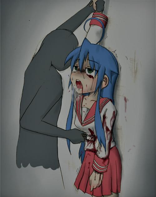 saki saki, sakifox, izumi konata, lucky star, jpeg artifacts, 00s, blood, blue hair, death, empty eyes, guro, knife