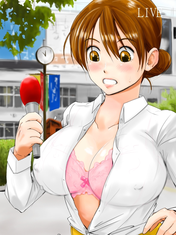 mutaken (bremen), mutaken (pixiv), original, 1girl, blush, bow, bow bra, bra, breasts, brown eyes, brown hair, bursting breasts, cleavage, covered erect nipples, female focus, huge breasts, inconvenient breasts, lingerie, microphone, open clothes, parted lips, pink bra, popped button, reporter, solo, sweatdrop, undersized clothes, underwear, upper body, wardrobe malfunction