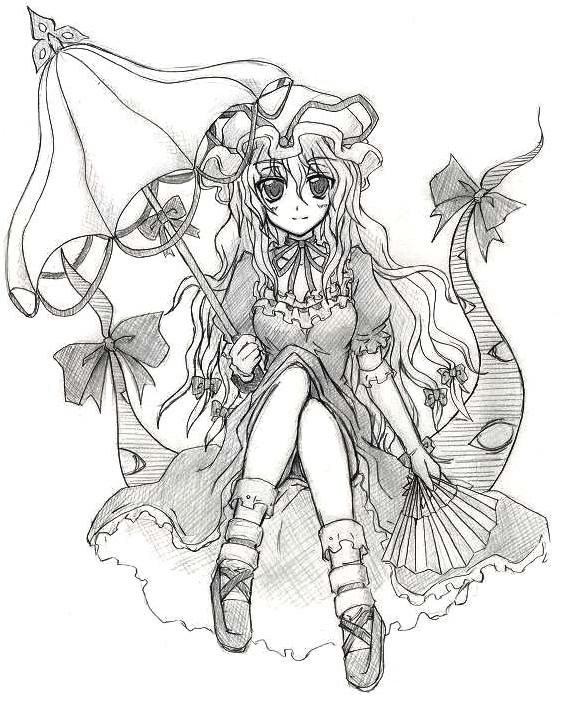 eku, yakumo yukari, touhou, traditional media, 1girl, bonnet, eball, female focus, gap (touhou), greyscale, hand fan, hat, monochrome, parasol, sketch, solo, umbrella
