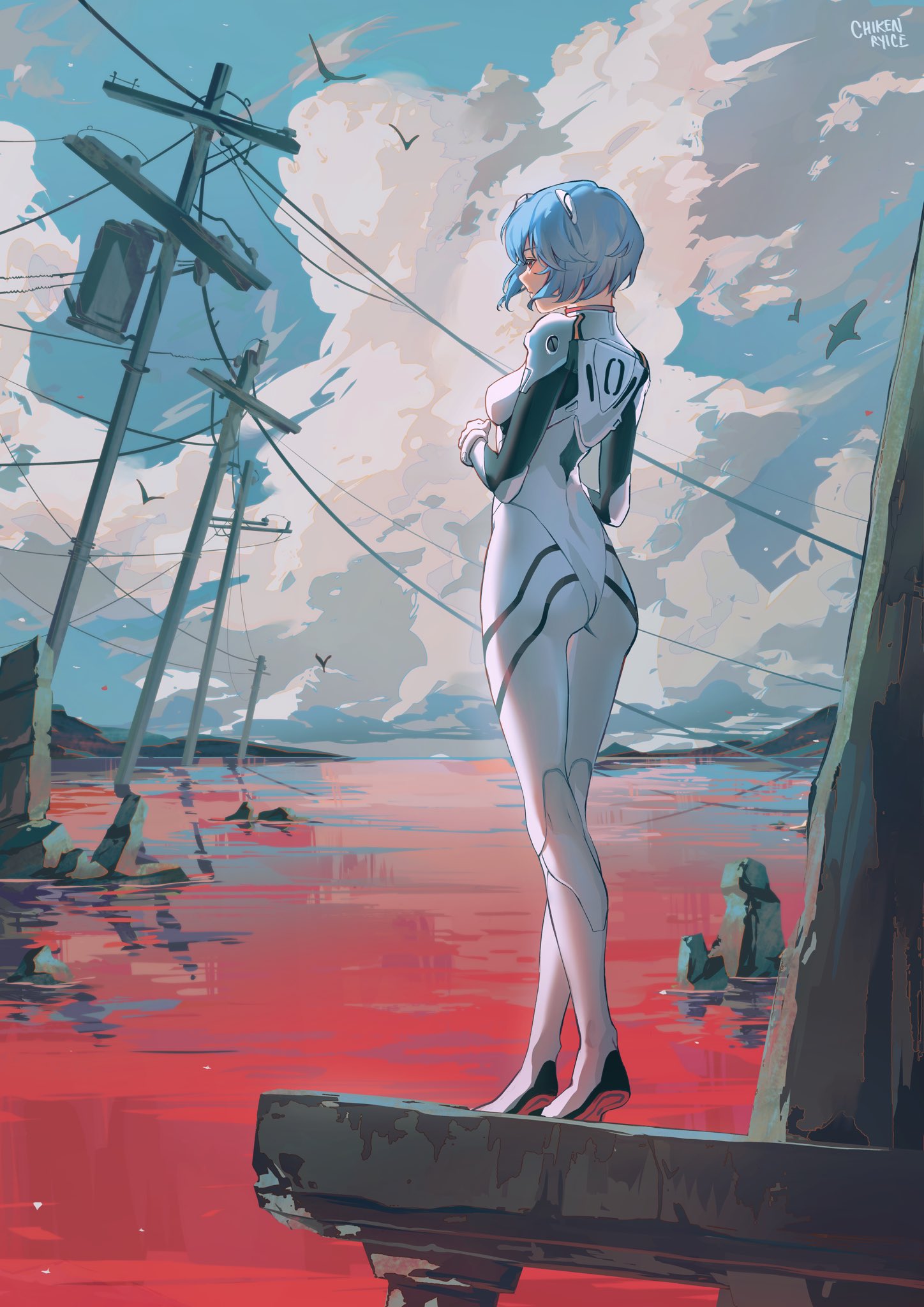 chikenryice, ayanami rei, neon genesis evangelion, highres, 1girl, blue hair, blue sky, bodysuit, cloud, looking to the side, mecha pilot suit, red eyes, short hair, sky, solo, standing