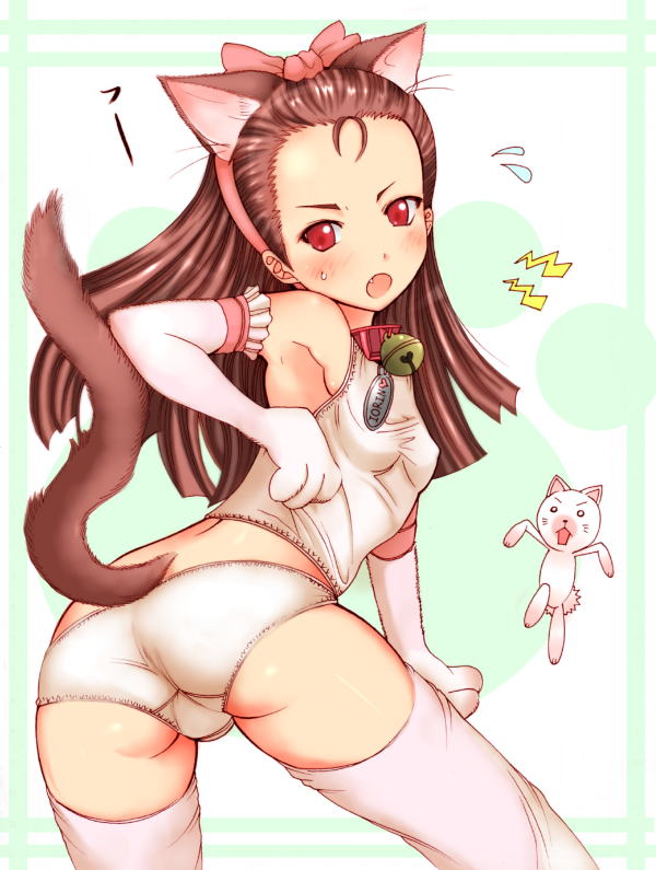 shiina you (tomoshibi), minase iori, idolmaster, idolmaster (classic), idolmaster 1, 00s, 1girl, animal ears, animal hands, armpits, ass, bell, blush, bow, breasts, brown hair, cameltoe, camisole, cat ears, cat tail, collar, detached sleeves, elbow gloves, fake animal ears, fang, female focus, flat chest, forehead, gloves, hair bow, hairband, long hair, looking back, neck bell, open mouth, panties, red eyes, small breasts, solo, surprised, sweatdrop, tail, thighhighs, underwear