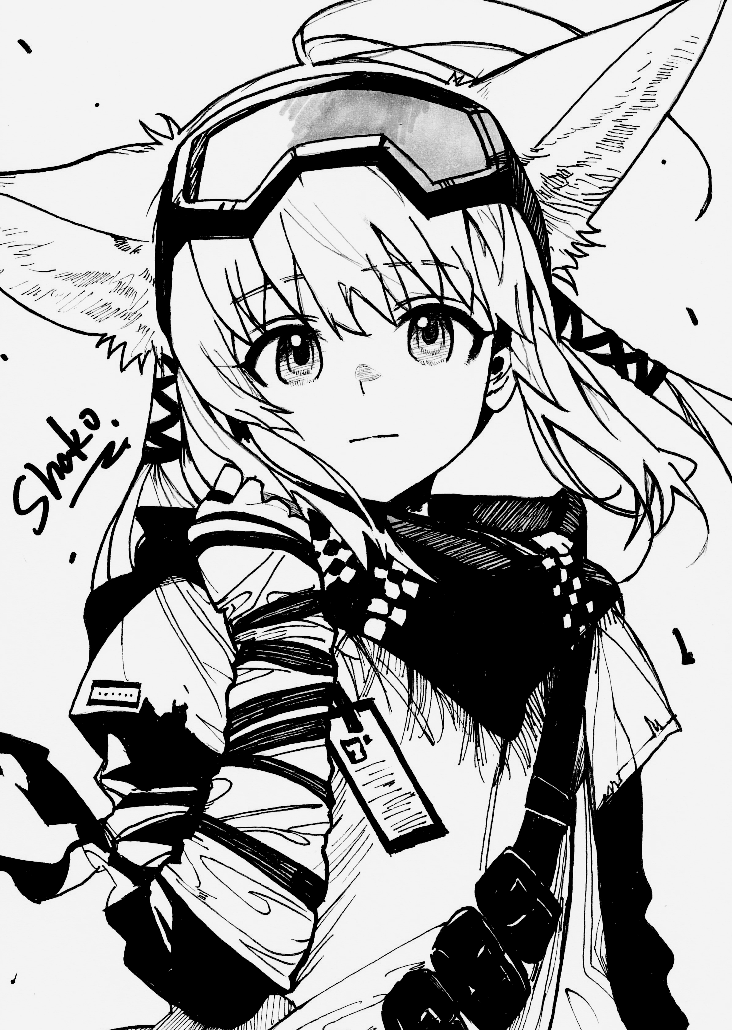shako xc, suzuran (arknights), suzuran (lostlands flowering) (arknights), arknights, absurdres, chinese commentary, commentary request, highres, traditional media, 1girl, animal ears, artist name, closed mouth, extra ears, fox ears, fox girl, goggles, goggles on head, greyscale, looking at viewer, monochrome, official alternate costume, signature, solo, twintails, upper body