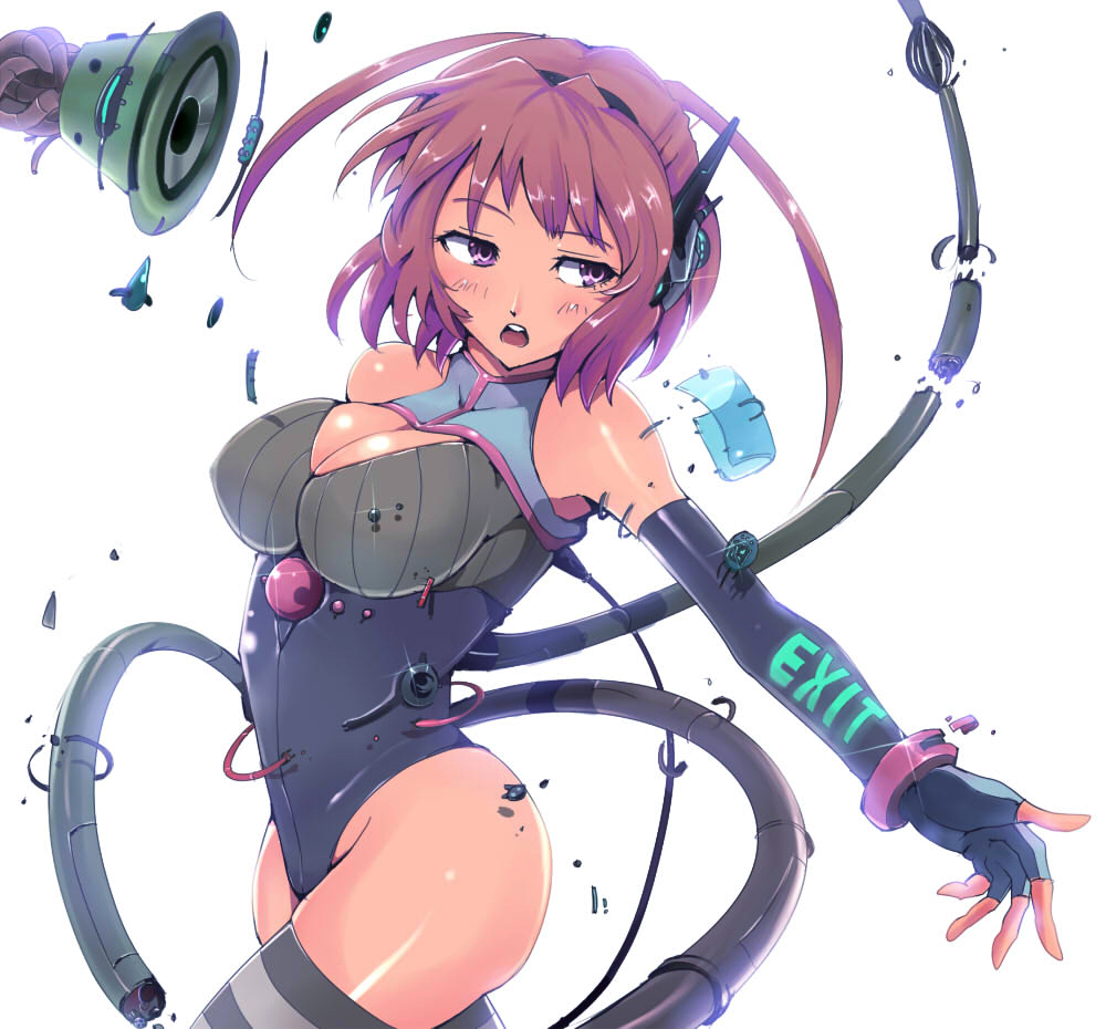 kasai shin, original, 1girl, backlighting, bare shoulders, blush, bracelet, bracer, breasts, brown hair, cable, cleavage, cleavage cutout, clothes writing, clothing cutout, damaged, elbow gloves, english text, female focus, fingerless gloves, from side, glint, gloves, grey thighhighs, groin, halterneck, headset, jewelry, large breasts, leotard, looking to the side, mecha pilot suit, open mouth, outstretched arm, plugsuit (evangelion), purple eyes, short hair, simple background, solo, striped clothes, striped thighhighs, tan, thighhighs, turtleneck, two side up, white background, wire