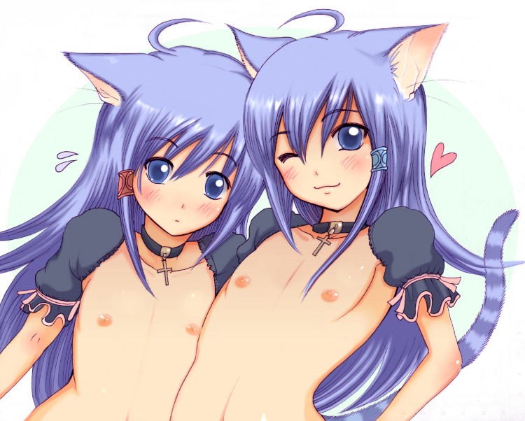 shiina you (tomoshibi), original, 2girls, ahoge, animal ears, blue eyes, blue hair, cat ears, cat tail, collar, detached sleeves, flat chest, loli, long hair, multiple girls, navel, nipples, one eye closed, siblings, sisters, tail, topless female, topless frame, twins
