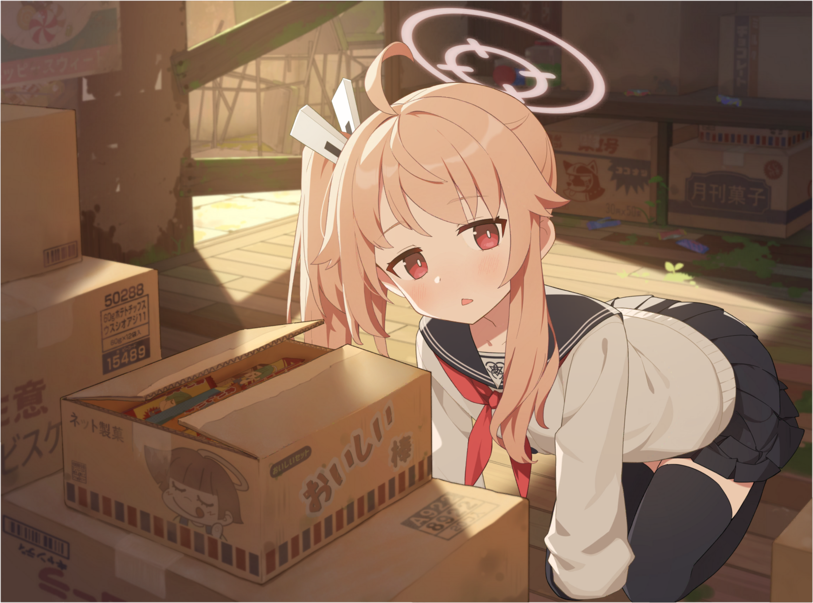 natsu (blue archive), blue archive, absurdres, highres, non-web source, 1girl, ahoge, asymmetrical sidelocks, basement, black skirt, black thighhighs, blush, box, cardboard box, hair ornament, halo, indoors, kneeling, long hair, long sleeves, neckerchief, pink hair, pink halo, pleated skirt, red eyes, red neckerchief, sailor collar, shadow, shirt, side ponytail, sidelocks, skirt, sleeves past fingers, sleeves past wrists, snack, sunlight, thighhighs, white shirt, wooden floor